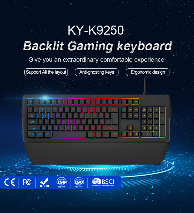 KY-K9250 Professional Supplier Ergonomic Non-Slip Tripod Keyboard Colorful Cool Backlit Gaming Keyboard with hand rest 11