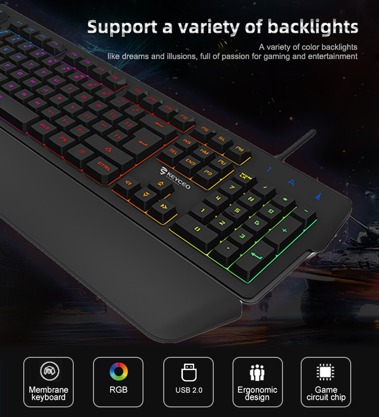 KY-K9250 Professional Supplier Ergonomic Non-Slip Tripod Keyboard Colorful Cool Backlit Gaming Keyboard with hand rest 12