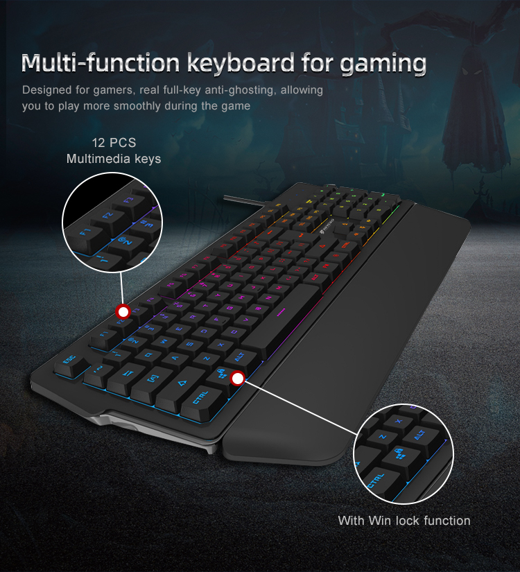 KY-K9250 Professional Supplier Ergonomic Non-Slip Tripod Keyboard Colorful Cool Backlit Gaming Keyboard with hand rest 15