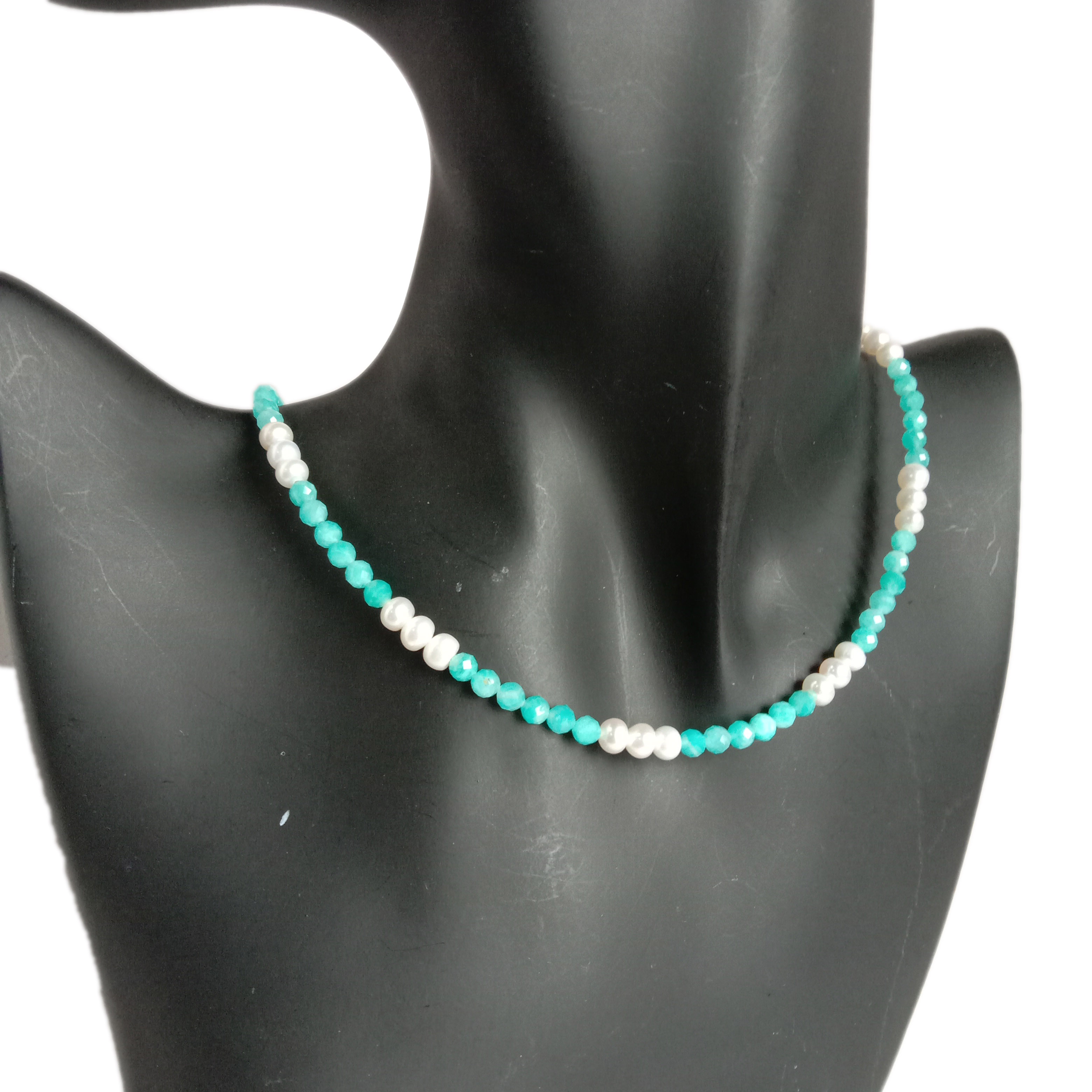 נאַטירלעך ווייַס פּערל בלוי אַמאַזאָניטע געמאכט געמסטאָנע האַלדזבאַנד 11