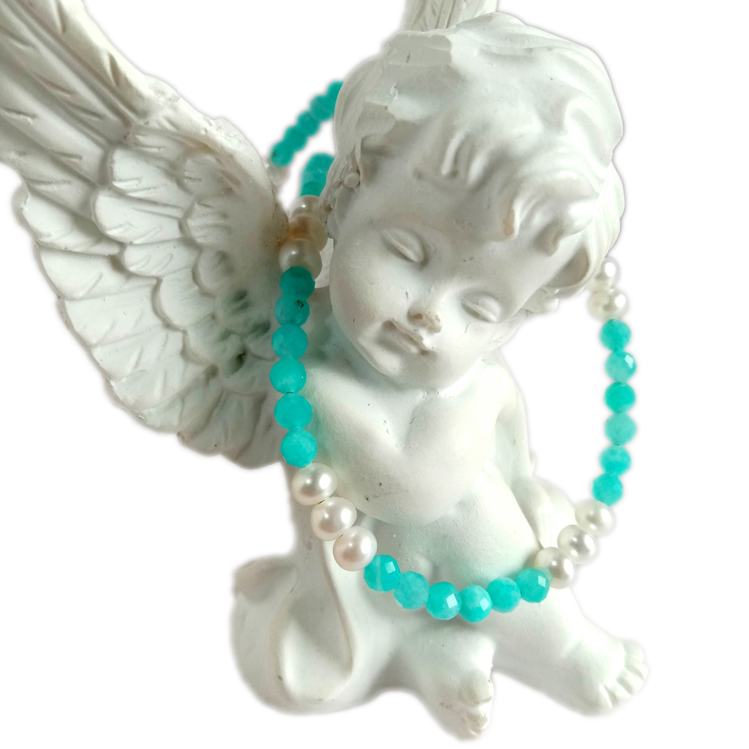 נאַטירלעך ווייַס פּערל בלוי אַמאַזאָניטע געמאכט געמסטאָנע האַלדזבאַנד 9