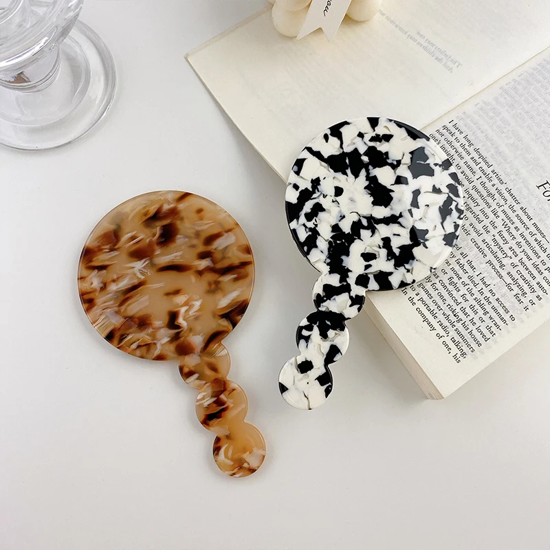 Dowell Korean Style Retro Acetate Geometric Small Round Portable With Handle Makeup Mirror 16