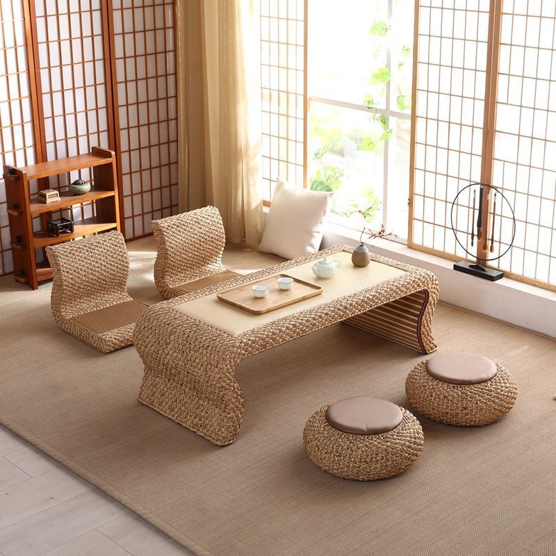 Japanese Style Solid Wood Tatami Tea Table with Rattan Straw 16