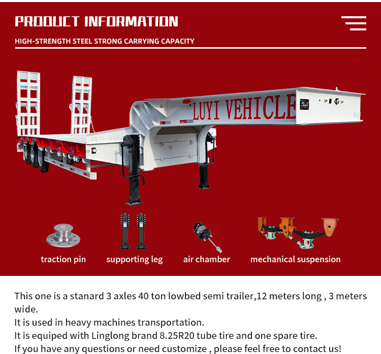 3-Axle 40T Gooseneck Lowbed Trailer for Excavator Transport 9