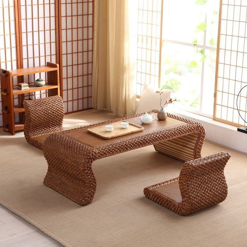 Japanese Style Solid Wood Tatami Tea Table with Rattan Straw 14