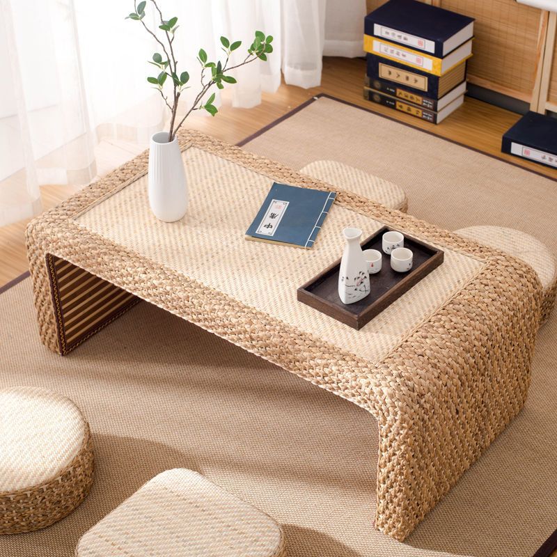 Japanese Style Solid Wood Tatami Tea Table with Rattan Straw 9