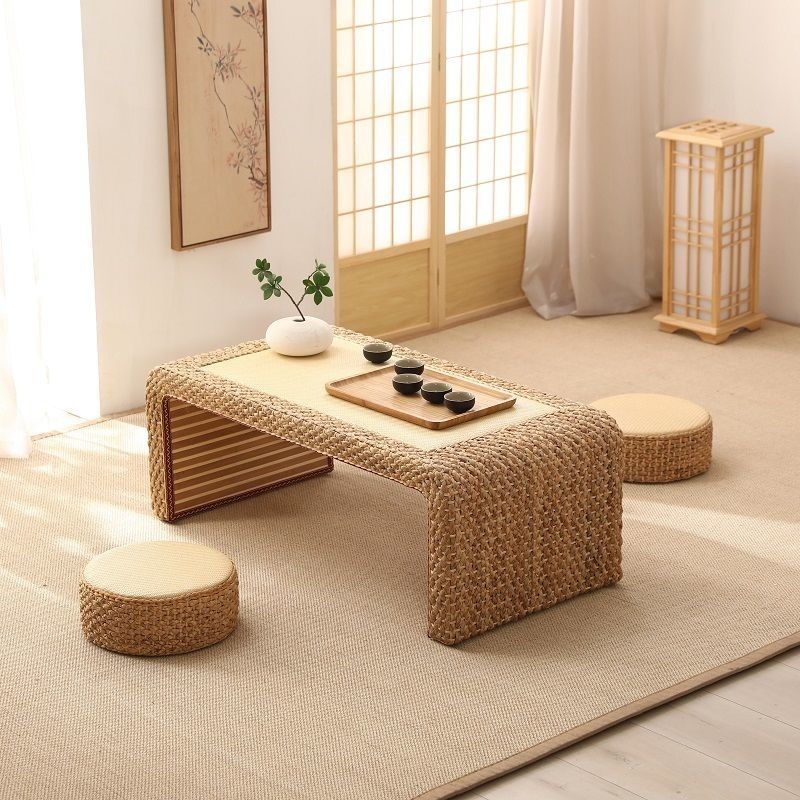 Japanese Style Solid Wood Tatami Tea Table with Rattan Straw 17