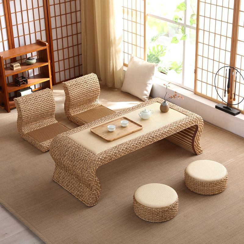 Japanese Style Solid Wood Tatami Tea Table with Rattan Straw 15