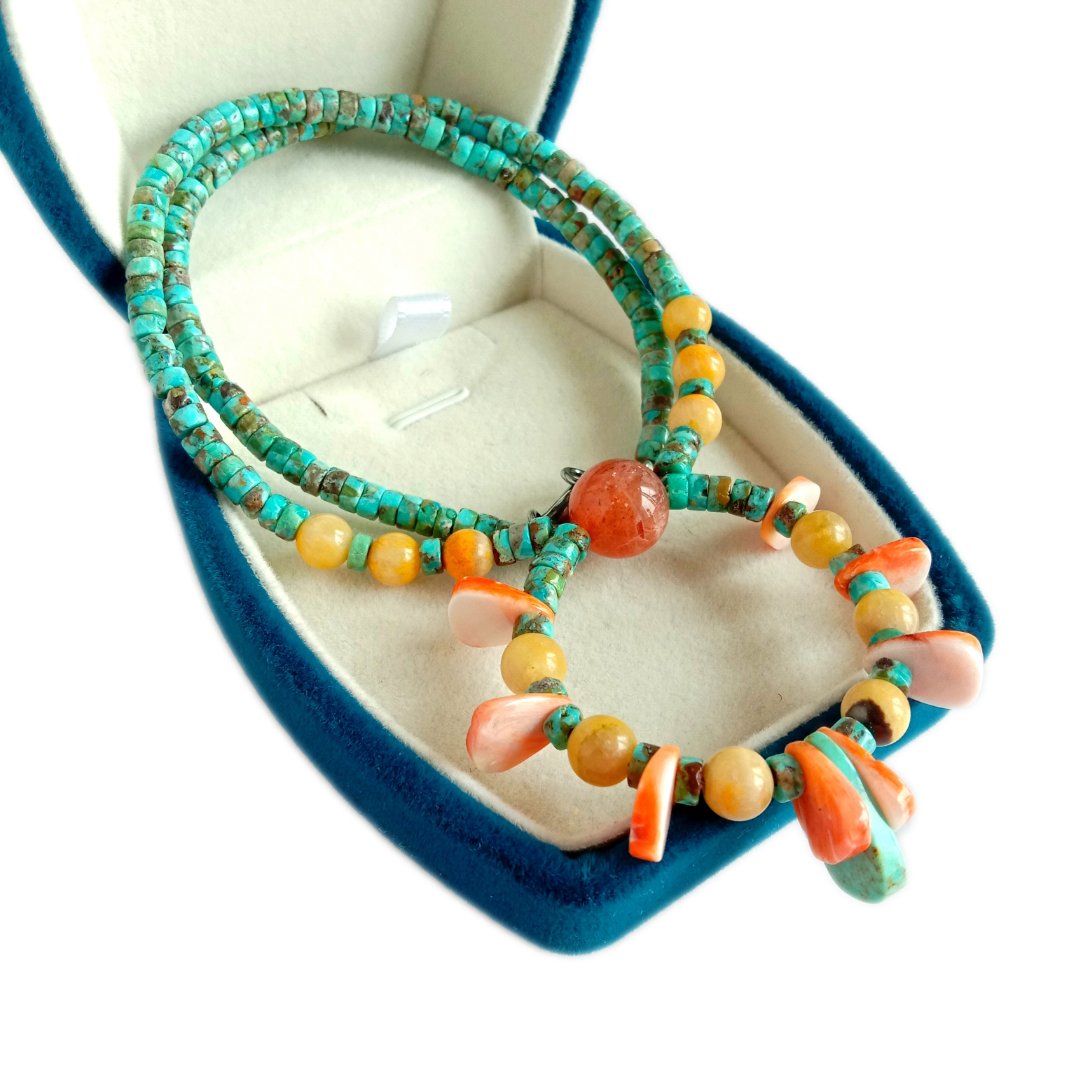 Mohatla oa Lejoe la Moralo oa Motsoako o nang le Lifaha tsa Turquoise Heishi Sunstone le Bumblebee Round Beads 15