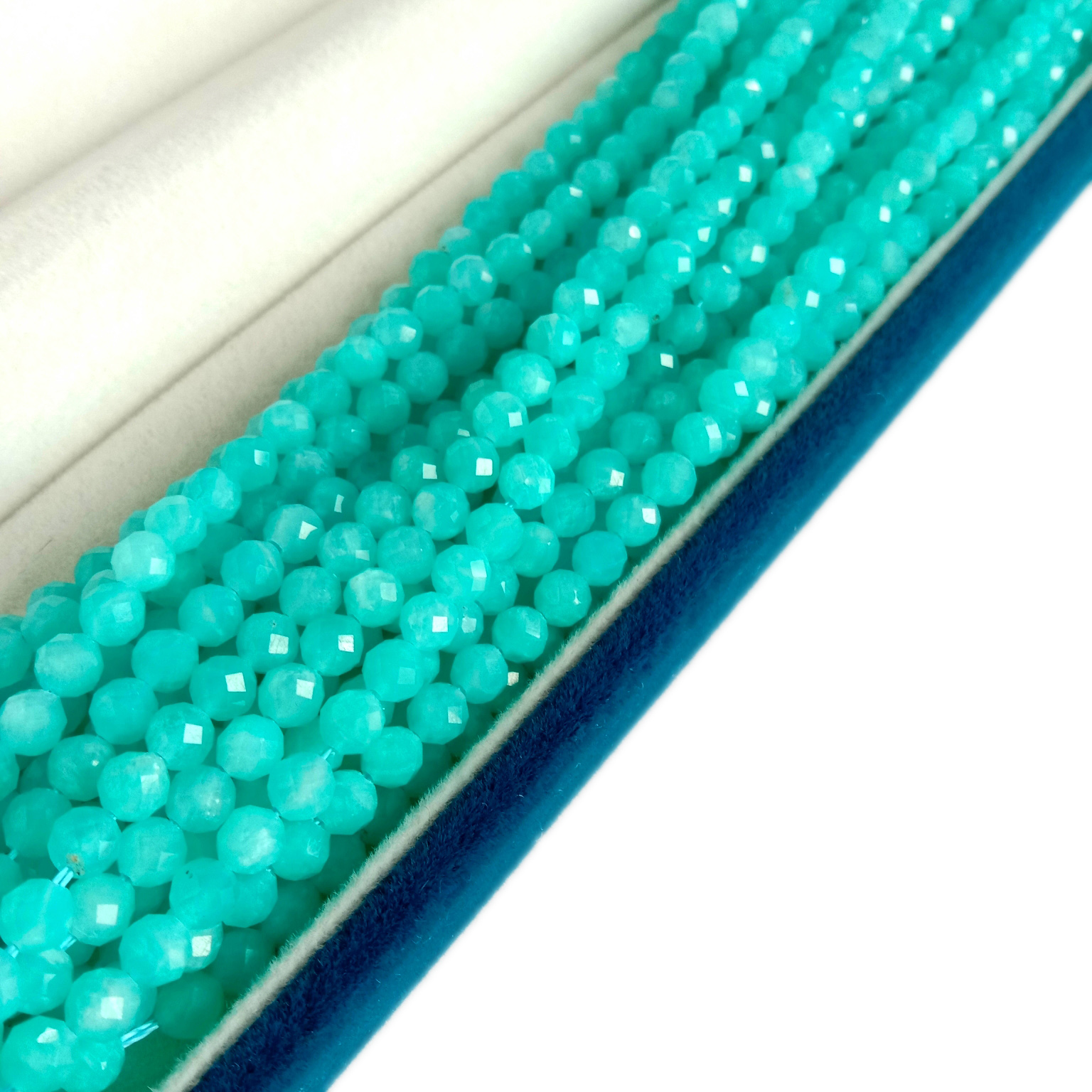 Hel Blue Granda Kvalito Travideblaj Amazonite Faceted Bidoj Ĉirkaŭ 4mm Bonaj Duonprocezaj Produktoj 14