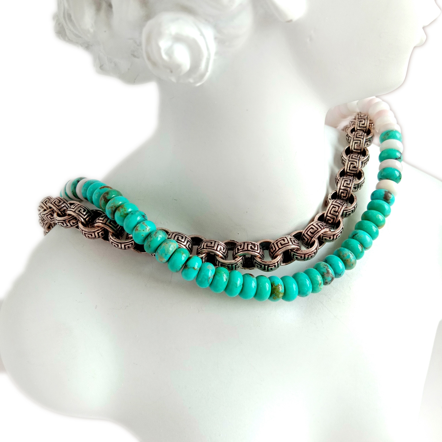 Pirus biru pituin Amérika sareng cangkang laut pink 925 Sterling Silver Kalung 14