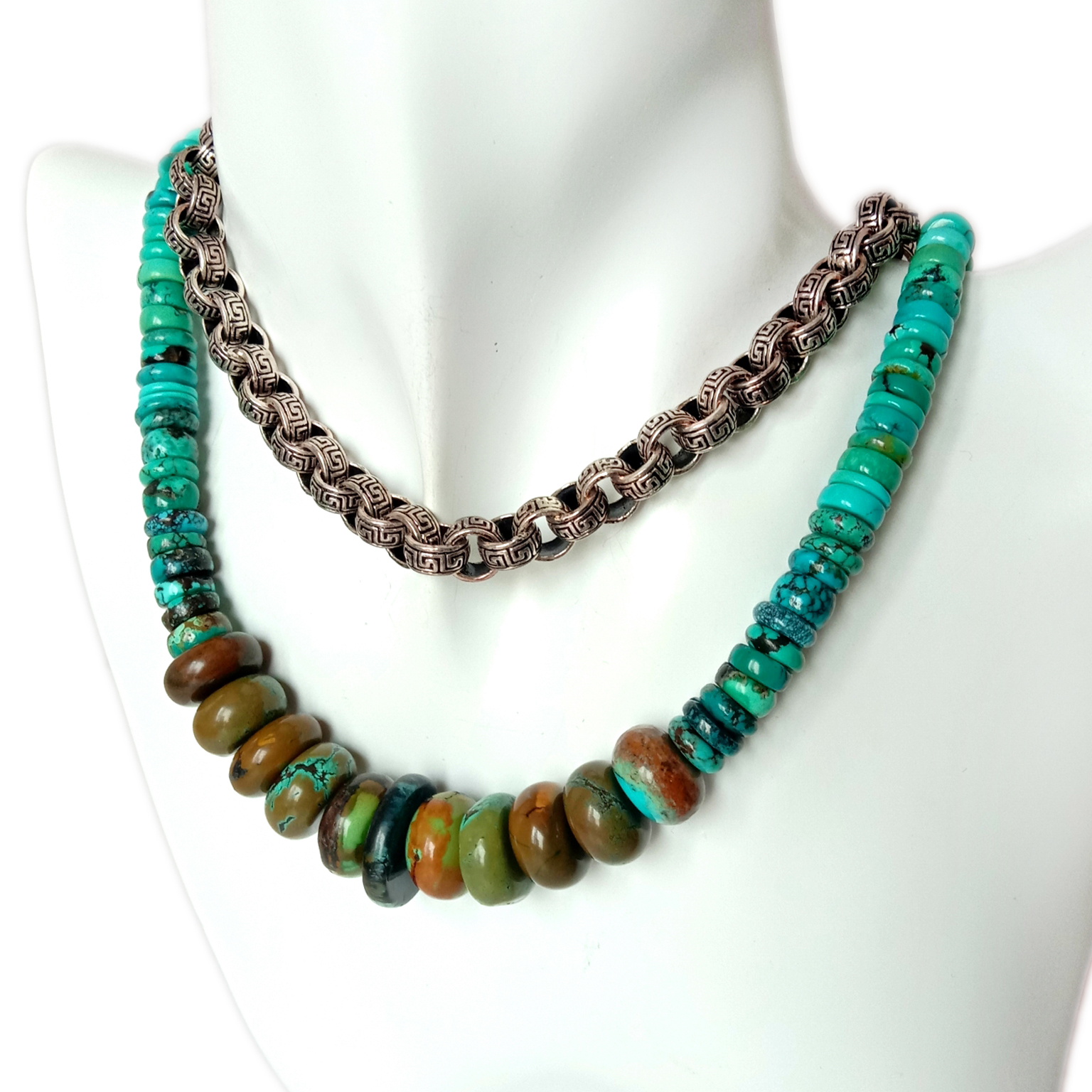تەبىئىي Hubei turquoise rondelle مونچاق كۆك تاش زەنجىر 925 ستېرلىڭ كۈمۈش 15