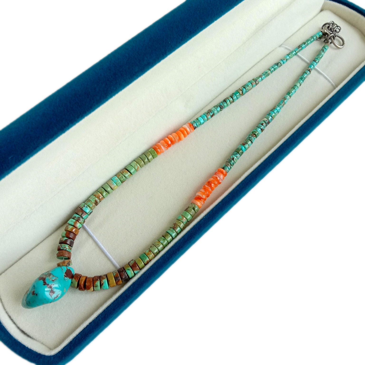 Turquoise Nuggets Pendant Txiv kab ntxwv Spiny Oyster thiab Turquoise Jewelry 925 Sterling Silver Necklace 14