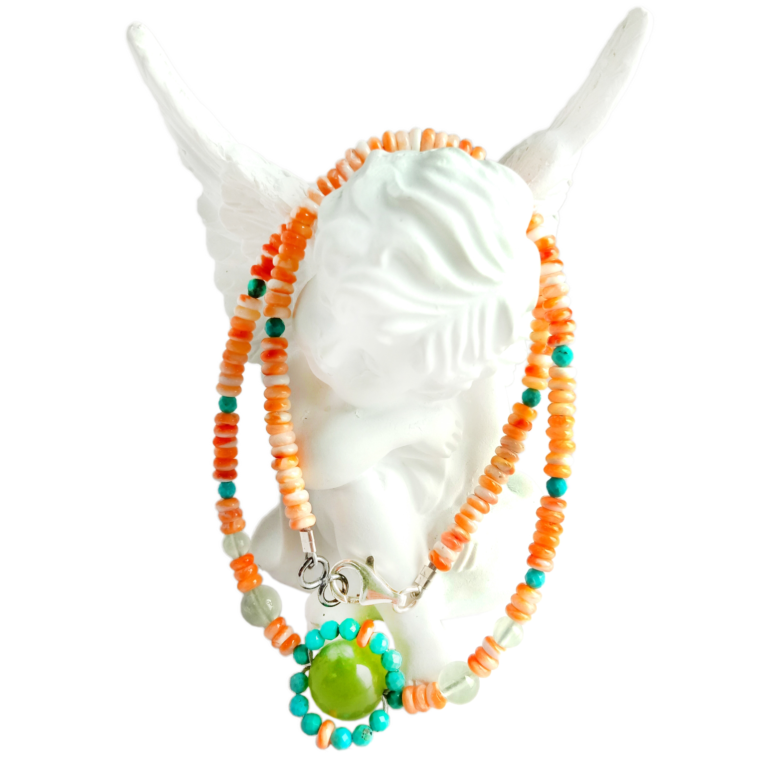 പ്രകൃതിദത്ത സ്പൈനി മുത്തുച്ചിപ്പി ടർക്കോയ്സ് പ്രീഹ്നൈറ്റ് ഗ്രീൻ സ്ട്രോബെറി ക്വാർട്സ് ആർട്ടിസൻ രത്ന മുത്തുകൾ 925 സ്റ്റെർലിംഗ് സിൽവർ നെക്ലേസ് 14