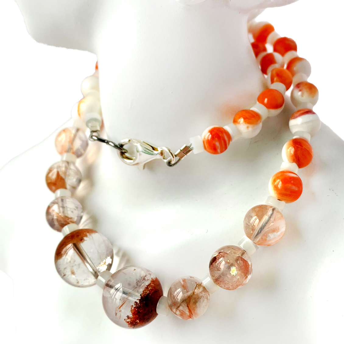 Ntuj mop spiny oyster liab quartzite dab phantom quartz 925 Sterling nyiaj 16 nti Gemstone Necklace 14