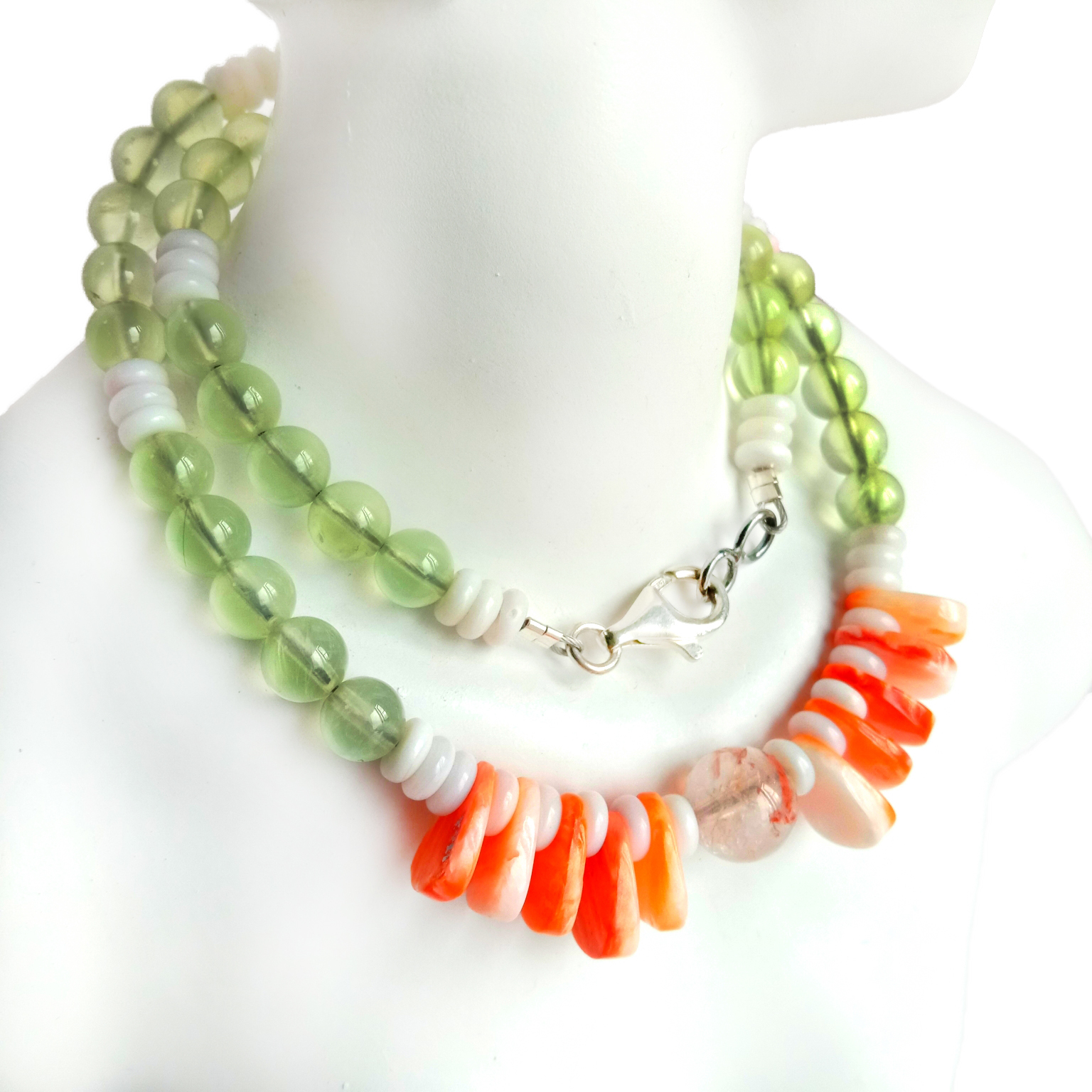 قدرتي اسپائني اوسٽر ڳاڙهي کوارٽز گلابي ڏسو شيل پرينائيٽ 925 اسٽرلنگ سلور 16 انچ اسٽرينڊ هار 14