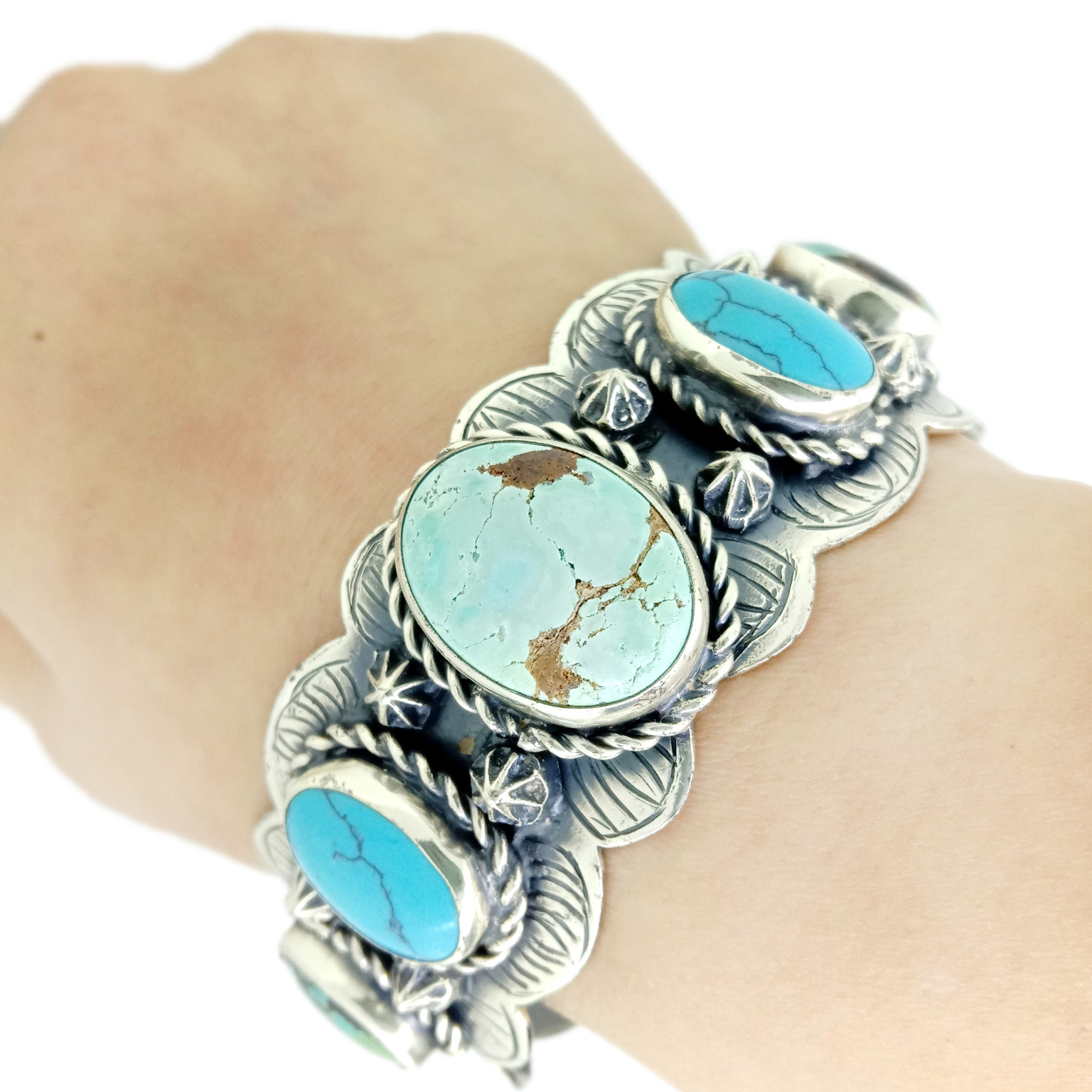 Mixed Size Blue Xim Turquoise Oval Cab Bangle Unique Designed Natural Gemstone Bangle 15