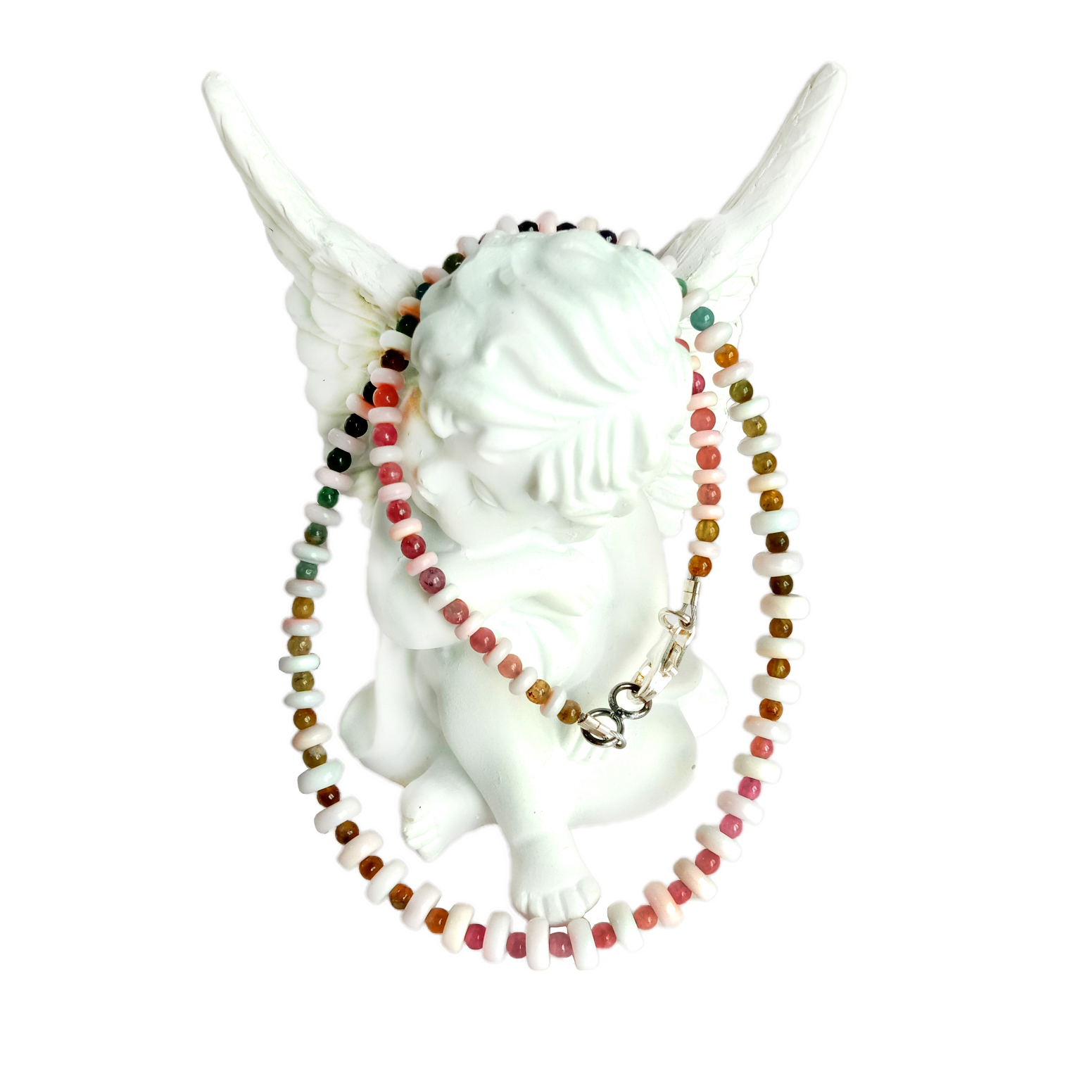 天然碧璽粉紅色貝殼 925 純銀 16 英寸項鍊石珠首飾 14