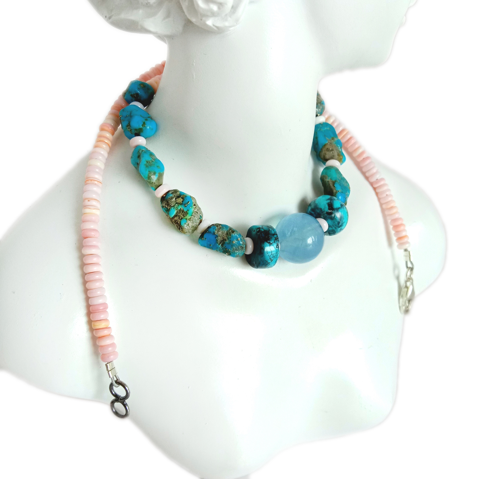 Natuurlike Turkoois pienk sien dop Milky Bule Aquamaryn 925 Sterling Silwer handgemaakte edelsteen Stones Ketting 15