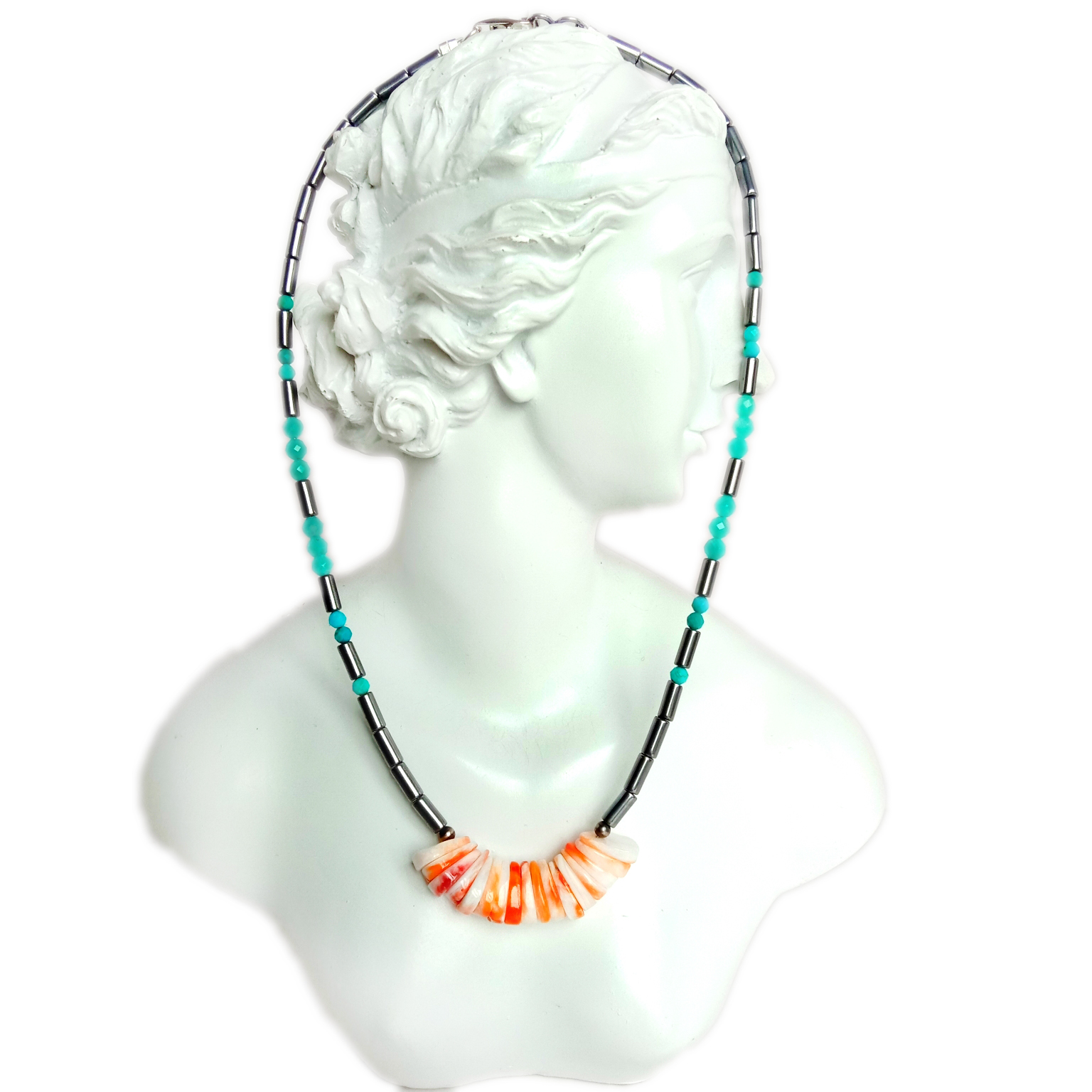 قدرتي اسپائني اوسٽر هيماتائٽ Amazonite 925 اسٽرلنگ سلور گيمسٽون اسٽون بيڊس هار 14