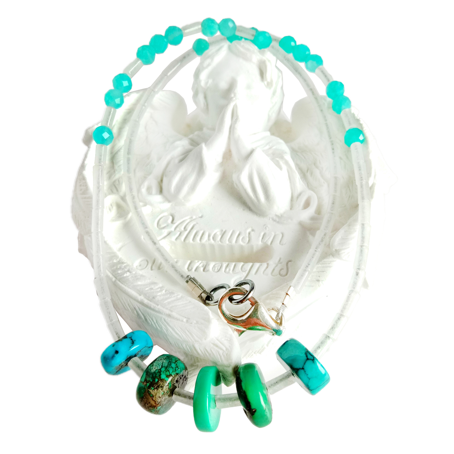 Ntuj Turquoise jade Amazonite 925 Sterling Silver xuas tes ua Gemstone Necklace 14