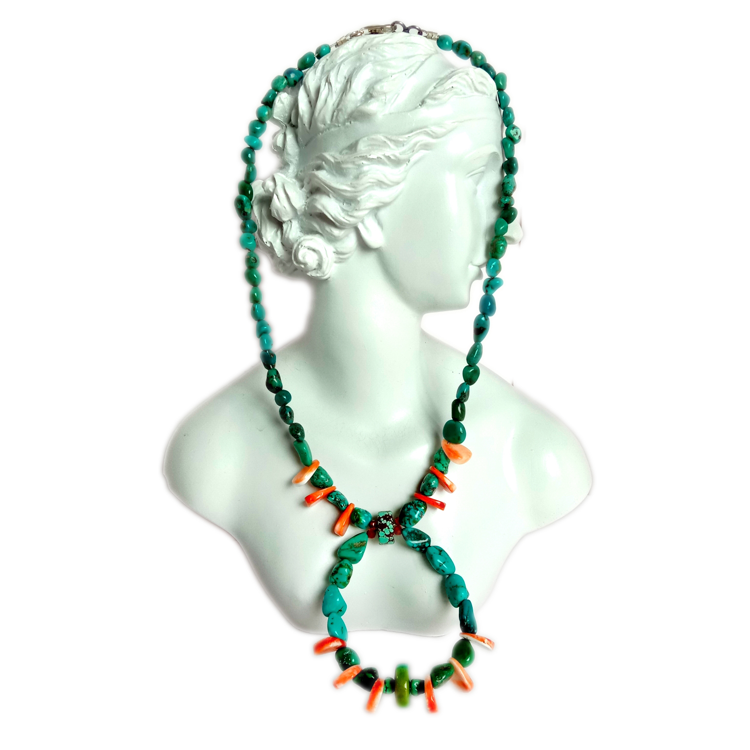 Ntuj Ntshiab Chunky Turquoise thiab spiny oyster 925 Sterling Silver xuas tes ua Gemstone Necklace 15