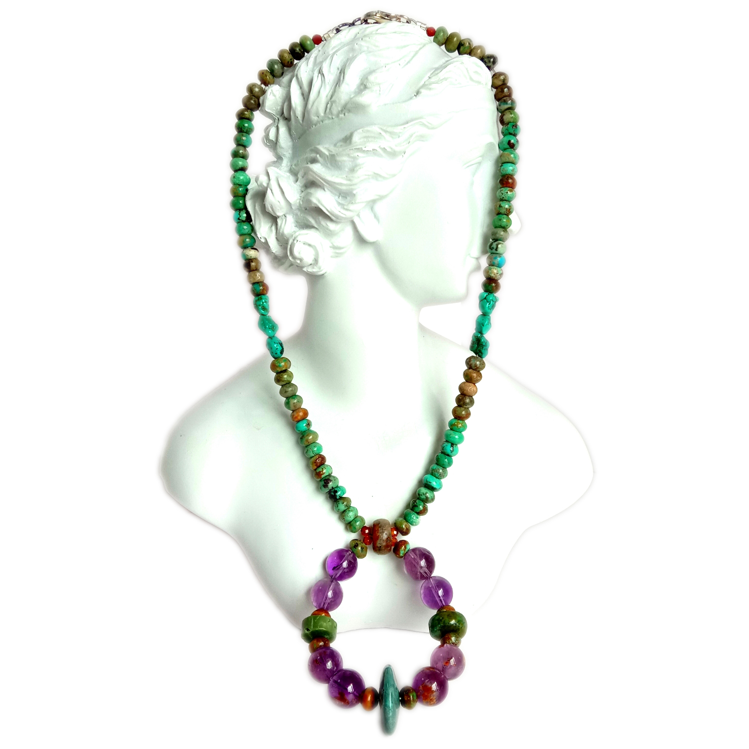 Təbii firuzə və ametist 925 əyar gümüş əl işi qiymətli daş16 düymlük uzun boyunbağı 15