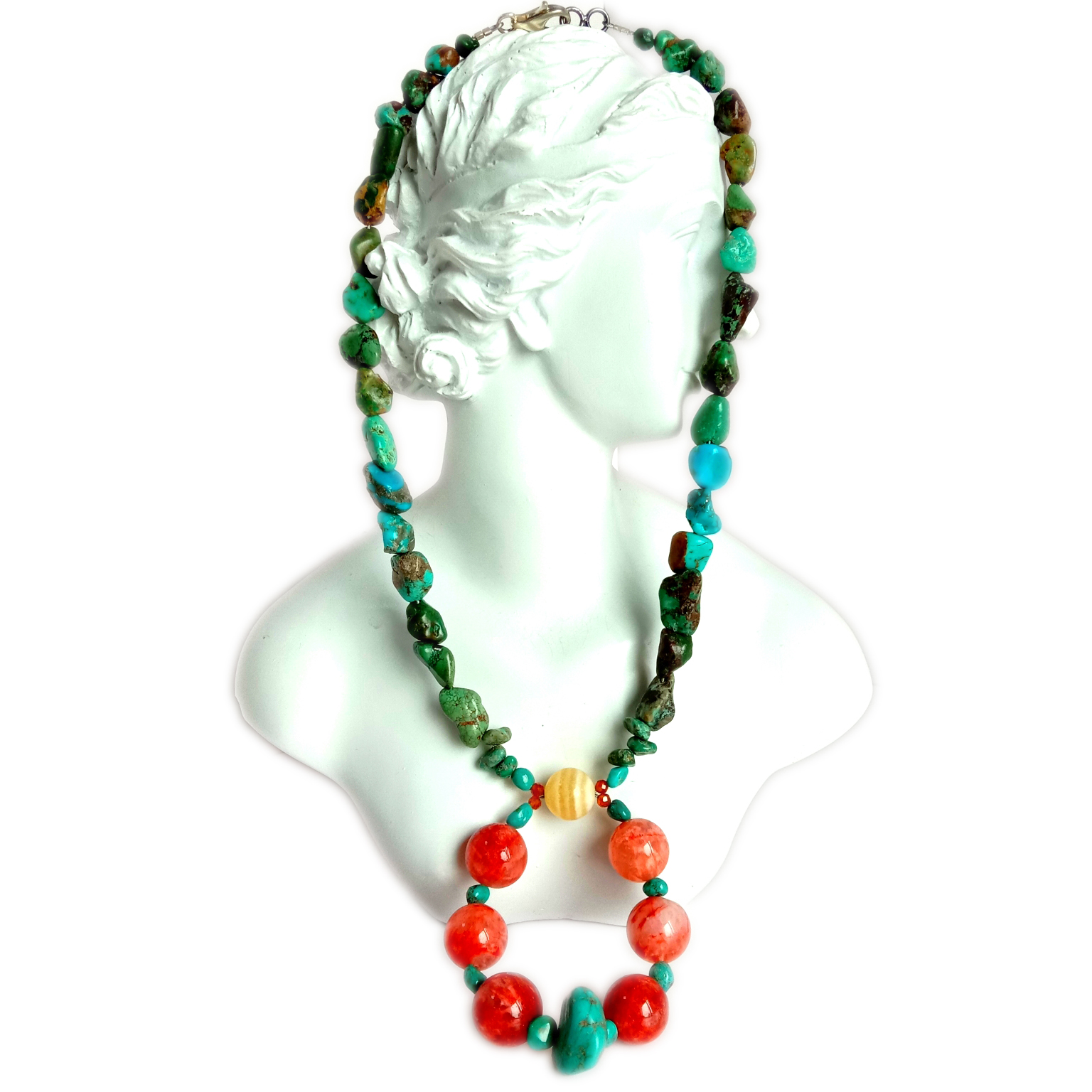 Təbii Firuzə və Kalsit Günəş daşı 925 Ayar Gümüş əl işi Gemstone16 düym Uzun Boyunbağı 15