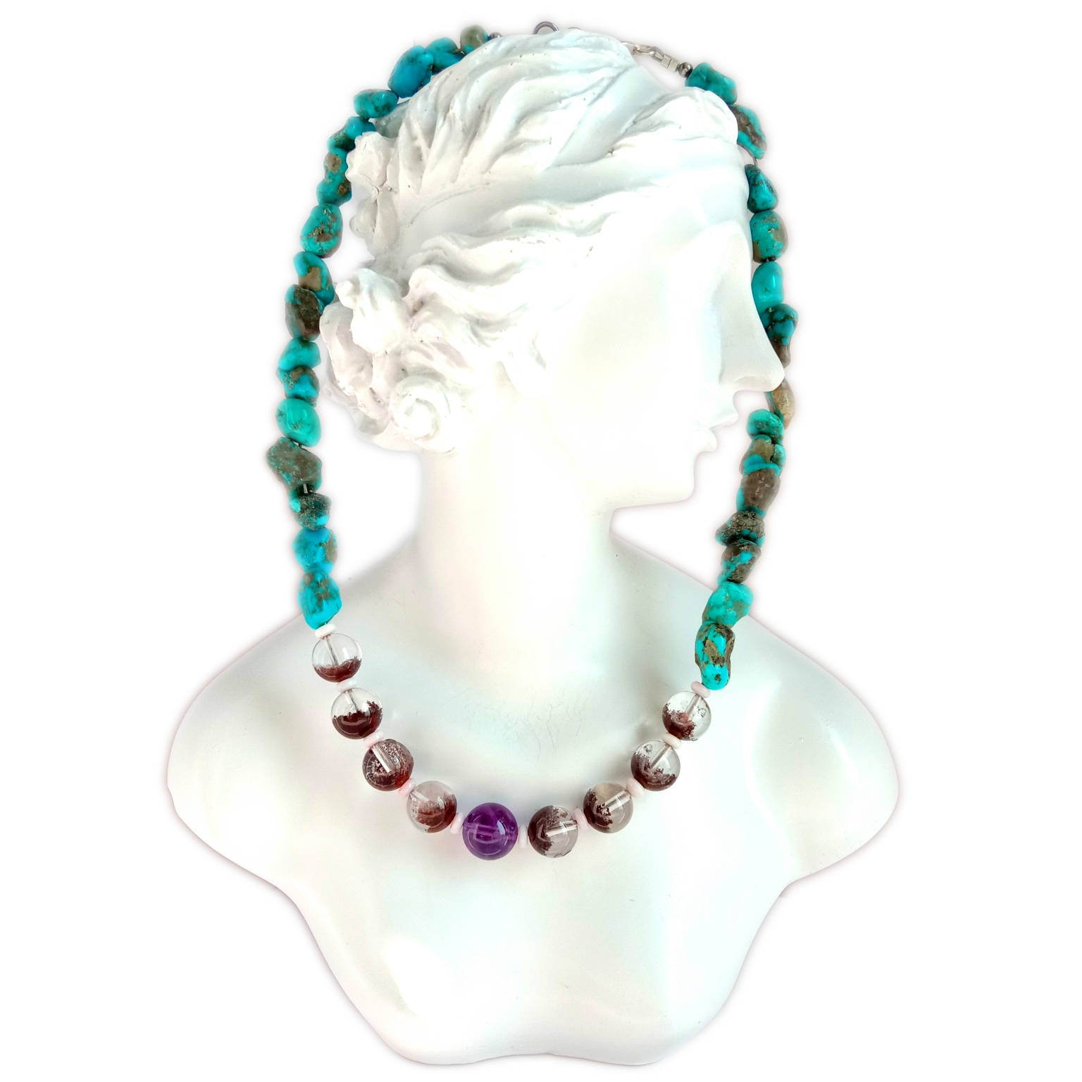 Ntuj Turquoise Dab phantom quartz Amethyst 925 Sterling Silver Beads xuas tes ua Gemstone Necklace 14