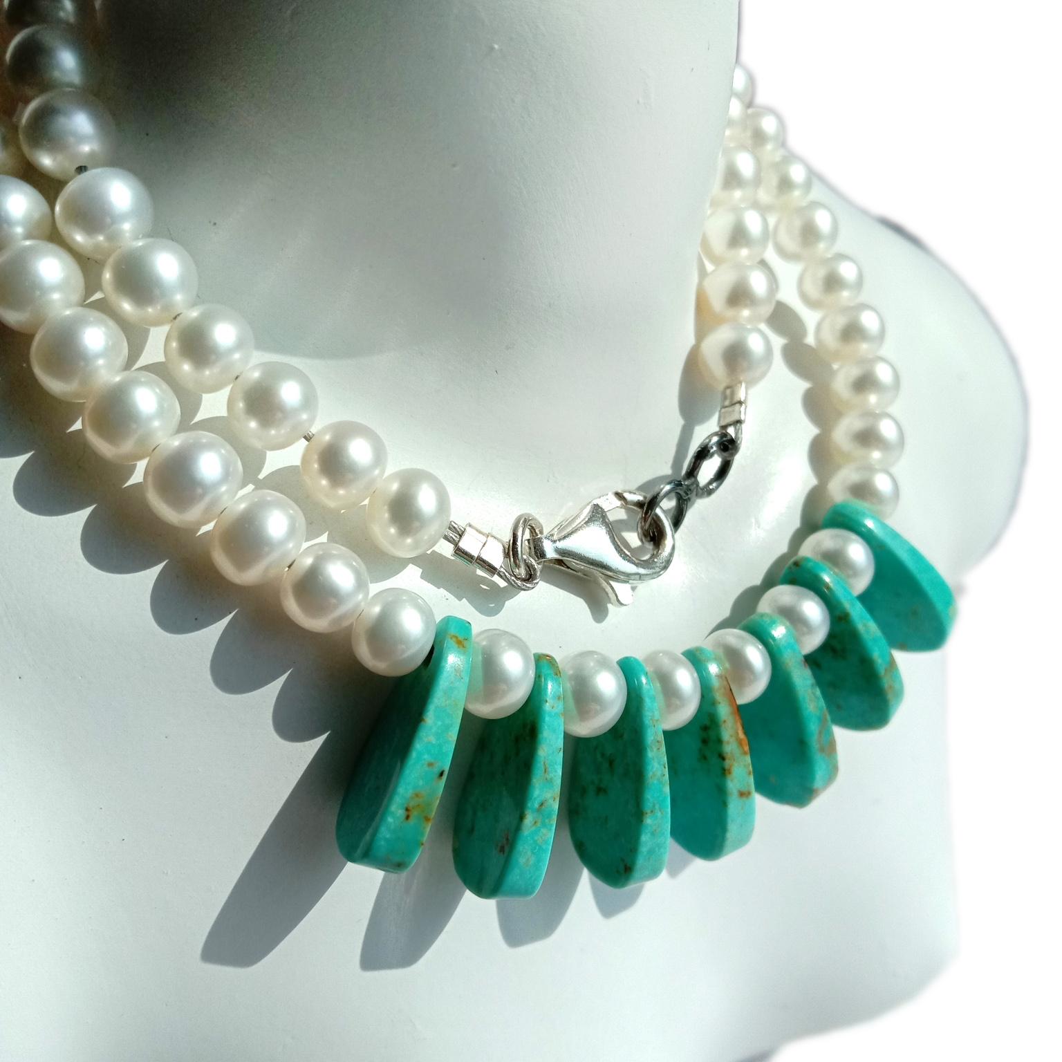 Naturalne turkusowe i białe perły Koraliki 925 Sterling Silver Beads Handmade Gemstone Naszyjnik 15