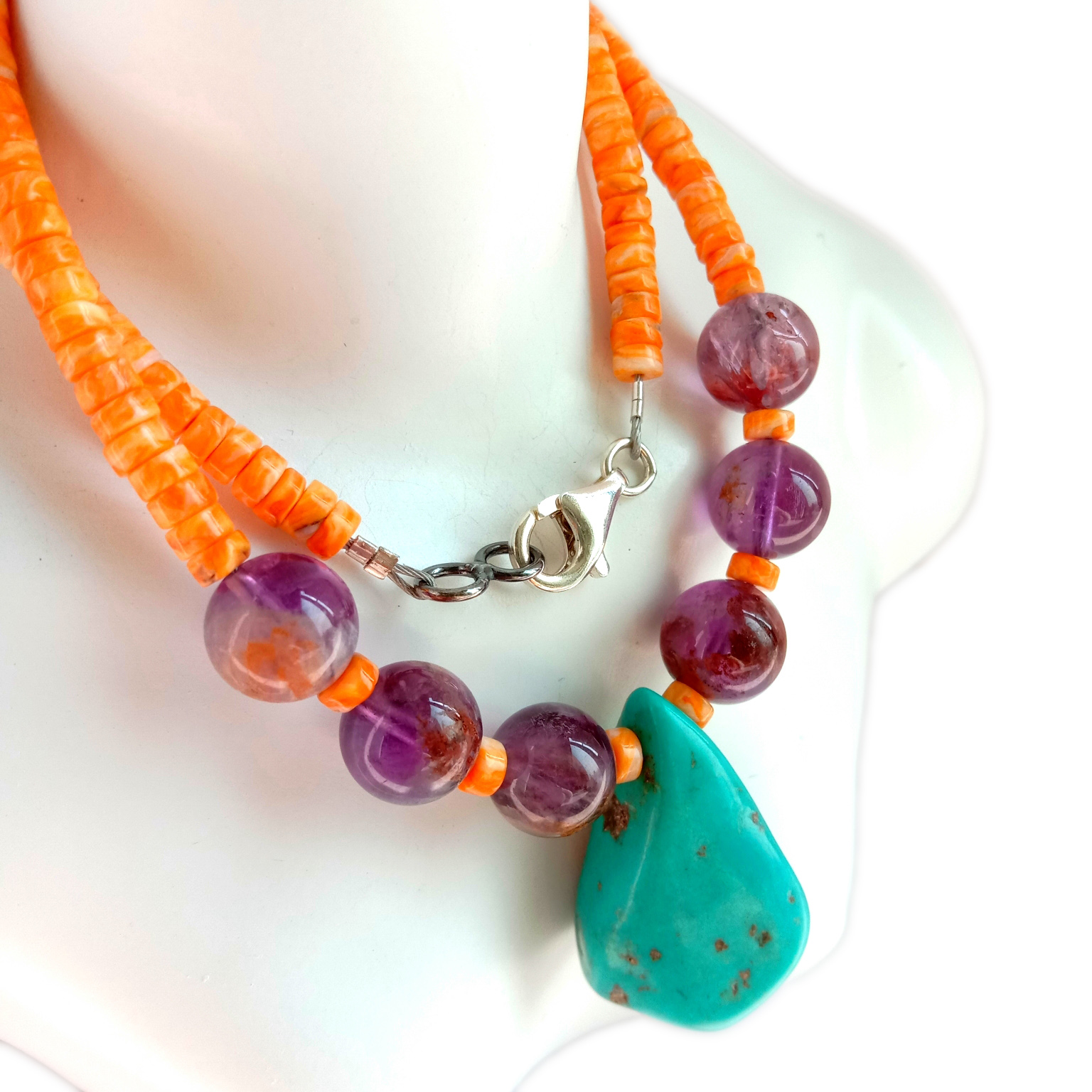 Ntuj Turquoise spiny oyster Ametrine 925 Sterling Silver Beads xuas tes ua Gemstone Necklace 14
