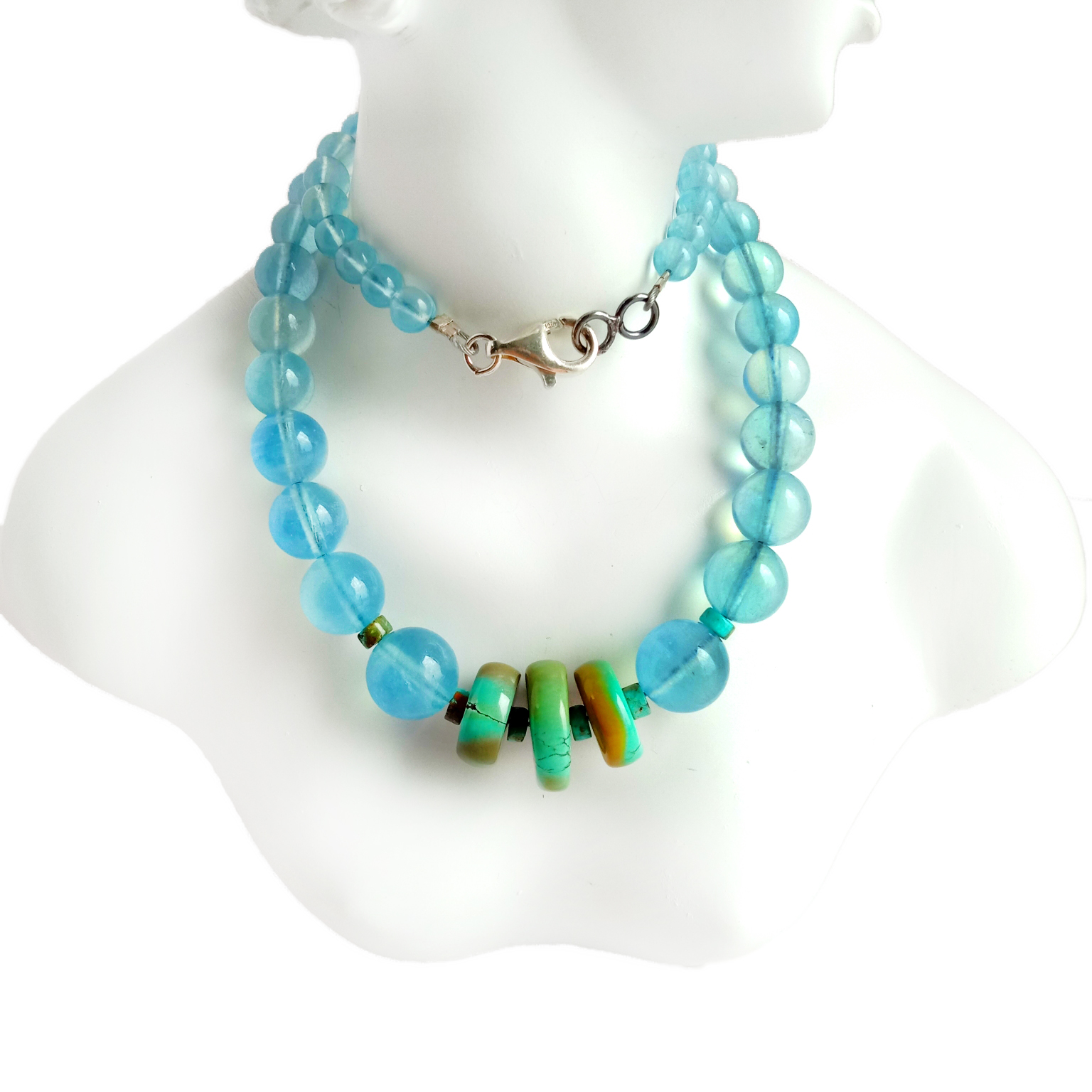 Kalung Batu Permata 16 inci Turquoise Natural Turquoise dan Milky blue Aquamarine 925 Sterling Silver Beads 14