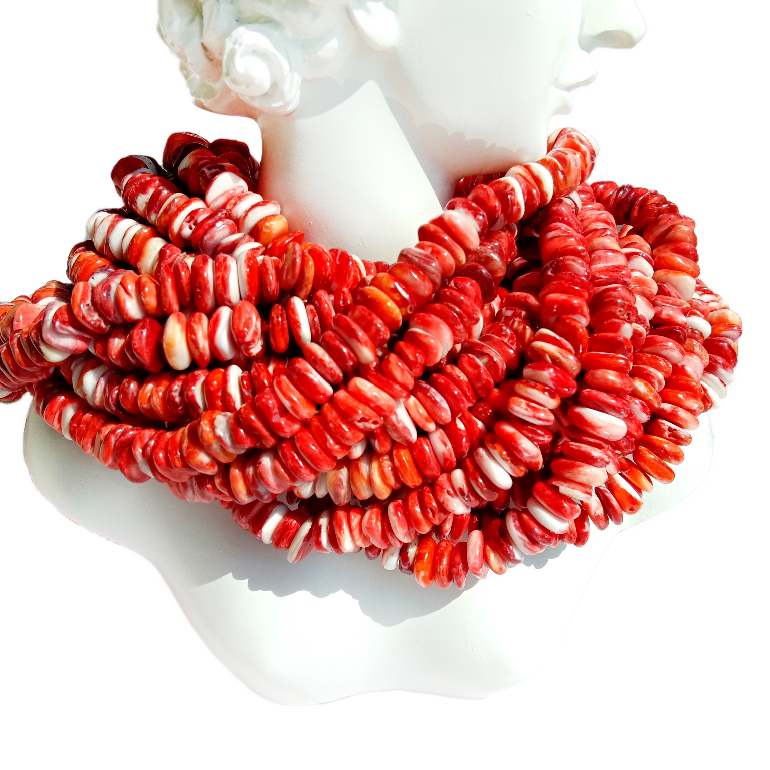 លក់ដុំត្បូងធម្មជាតិ Spiny Oyster Shell បញ្ចប់ការសិក្សា Rondelle (ពណ៌ទឹកក្រូច/ក្រហម) 14