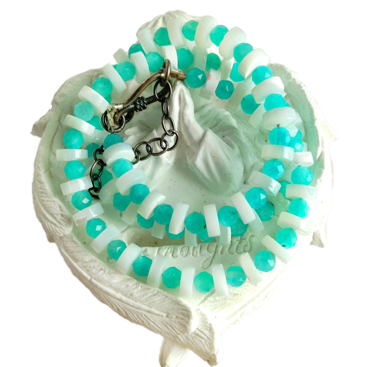 Ntuj Amazonite thiab mop 925 Sterling Silver necklace tiag gemstone hniav nyiaj hniav kub 14