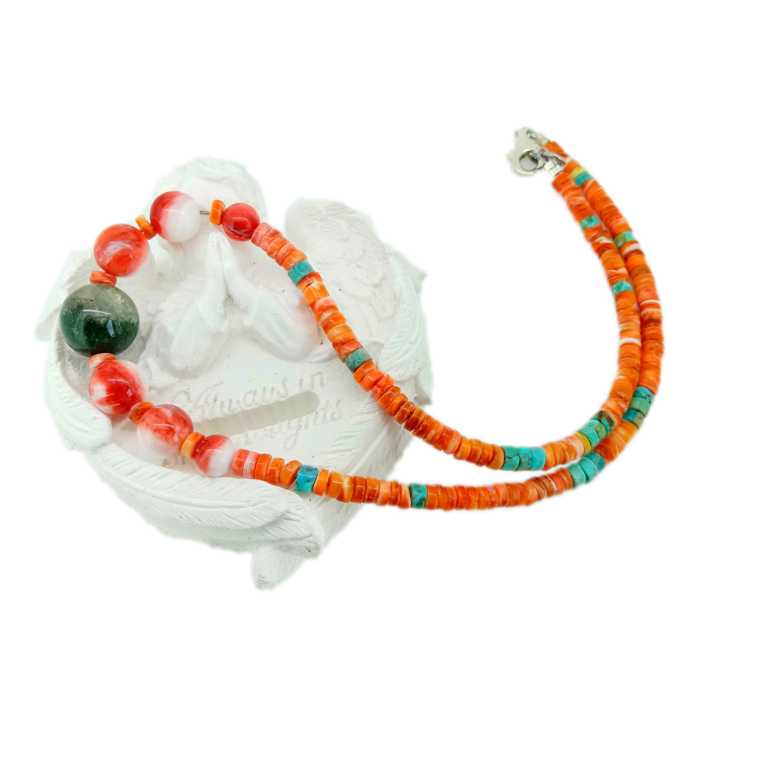 Ntuj spiny oyster thiab ntsuab dab phantom quartz 925 Sterling Silver xuas tes ua Gemstone hlaws Necklace 14