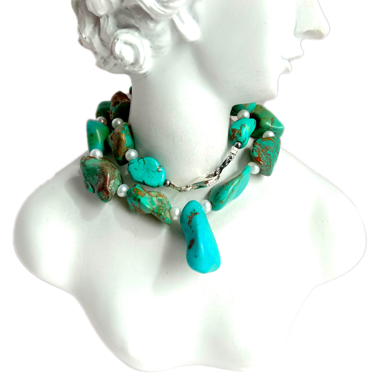 Təbii firuzə və mirvari 925 əyar gümüş firuzə zərgərlik qiymətli daş muncuq boyunbağı 18