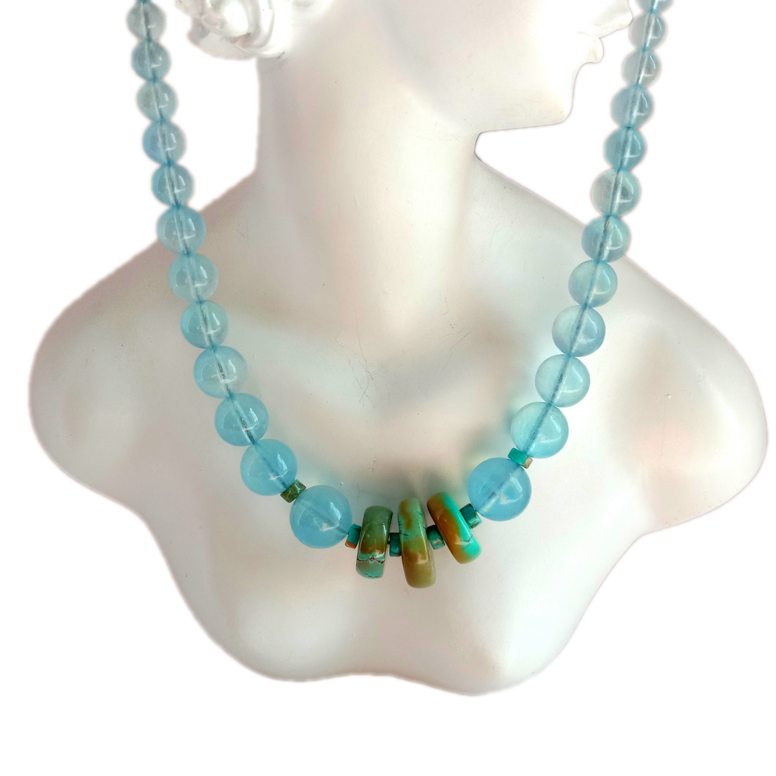 Təbii Firuzəyi və Südlü Bule Akuamarin 925 Ayar Gümüş Qapağı əl işi 16 düymlük boyunbağı 15