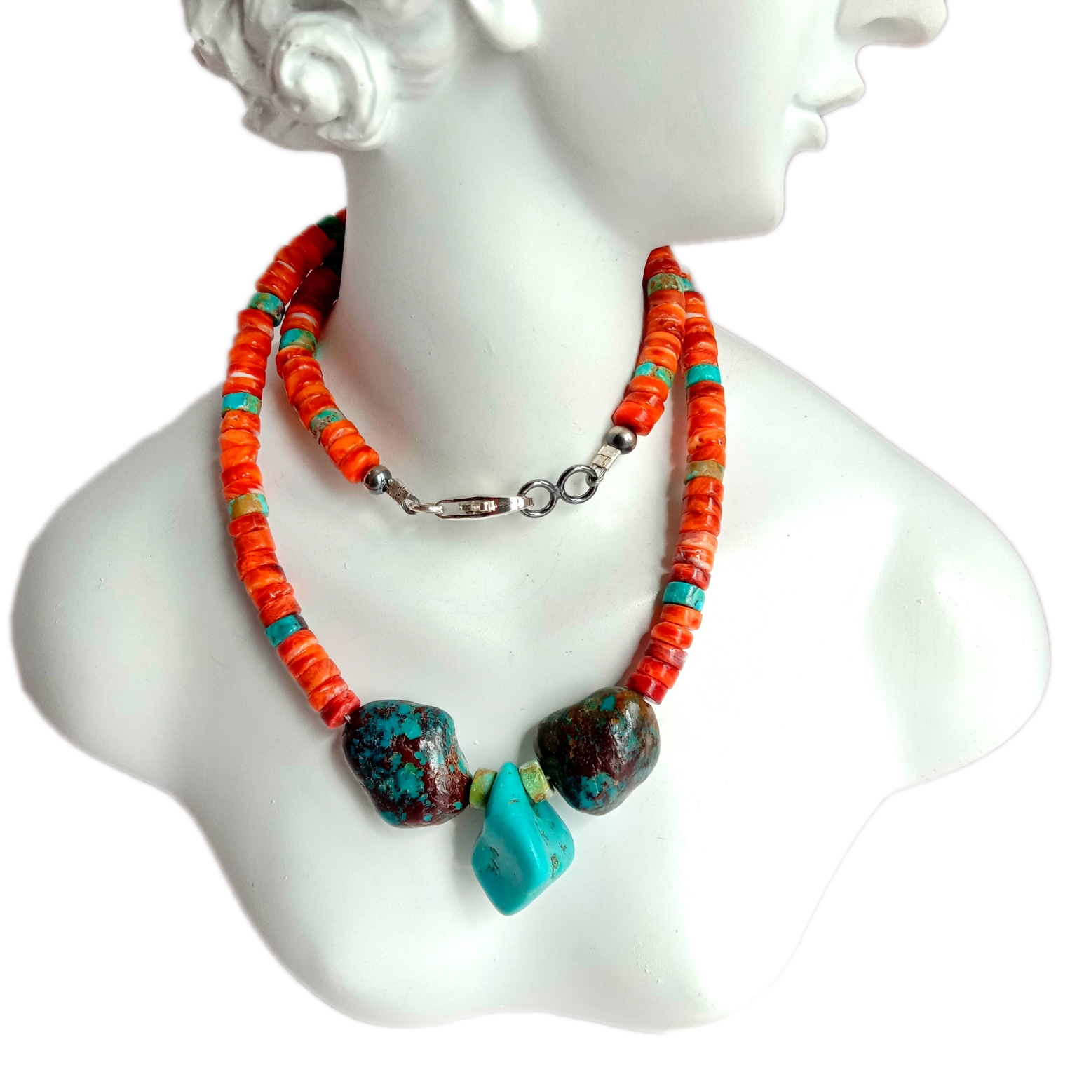 Natural blue Turquoise orange spiny oyster 925 Sterling Silver ejiri aka mee 15