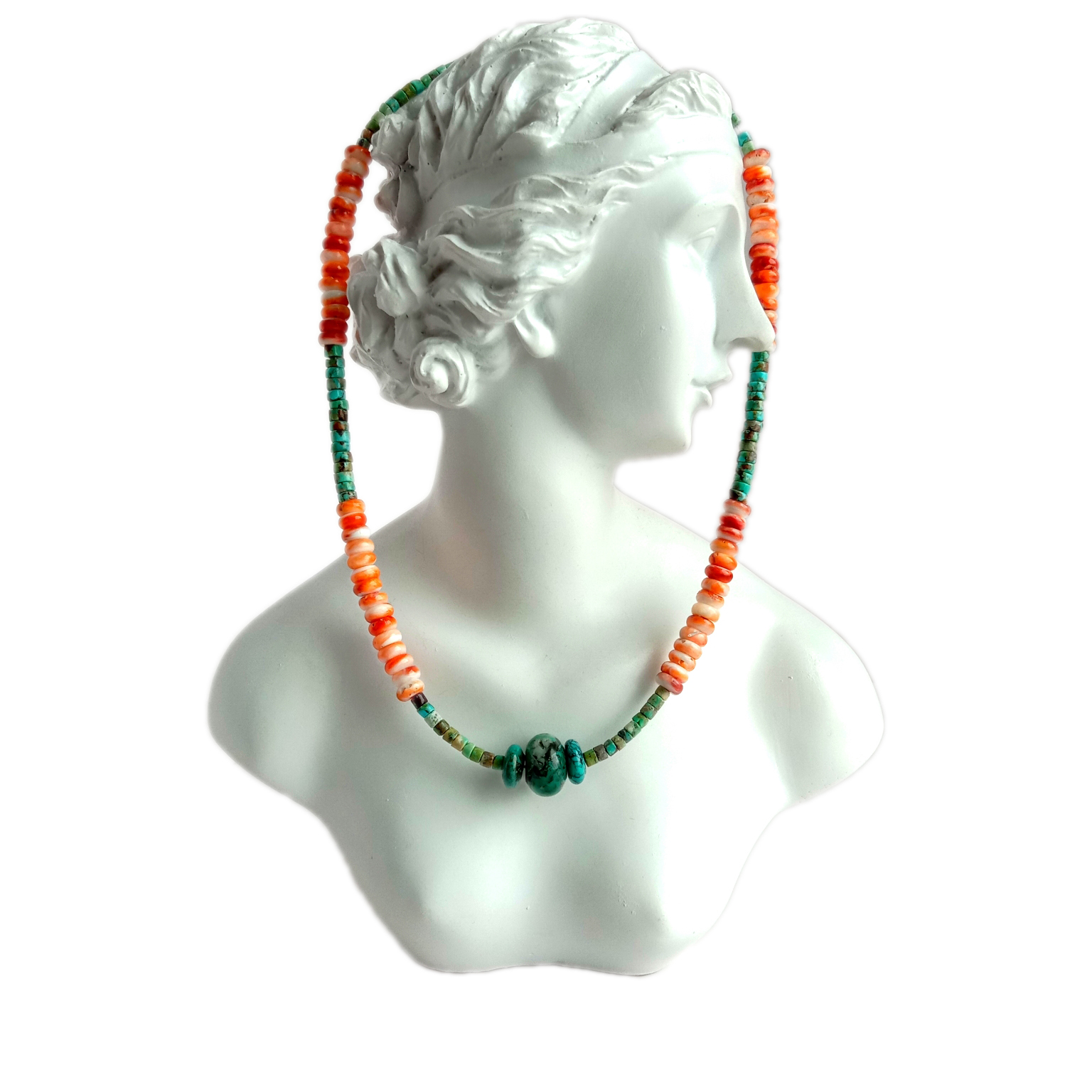 Collar feito a man de prata de lei 925 turquesa natural e ostra espinosa, contas de alta calidade 15