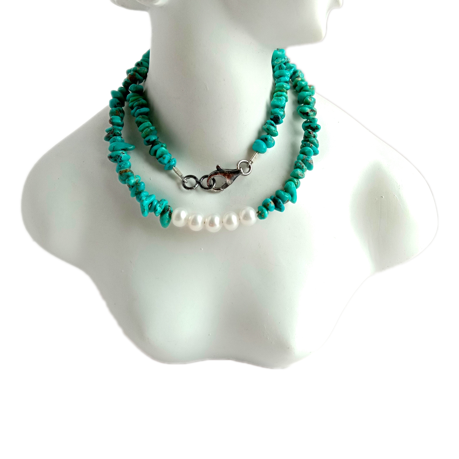 Natura Turkiso kaj perlo 925 Sterlinga Arĝento-Koliero Altkvalitaj bidoj 15