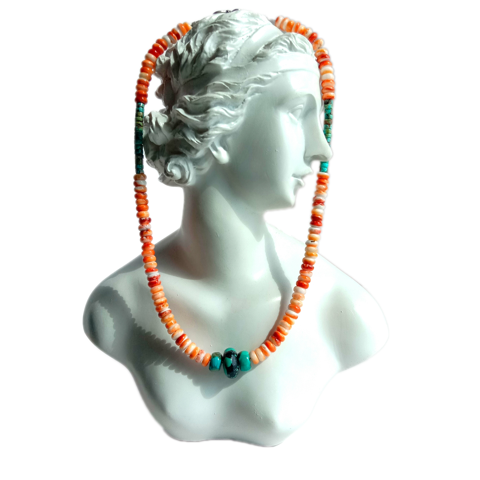 100% təbii mavi firuzə və rondelle tikanlı istiridyə 925 əyar gümüş boyunbağı 15