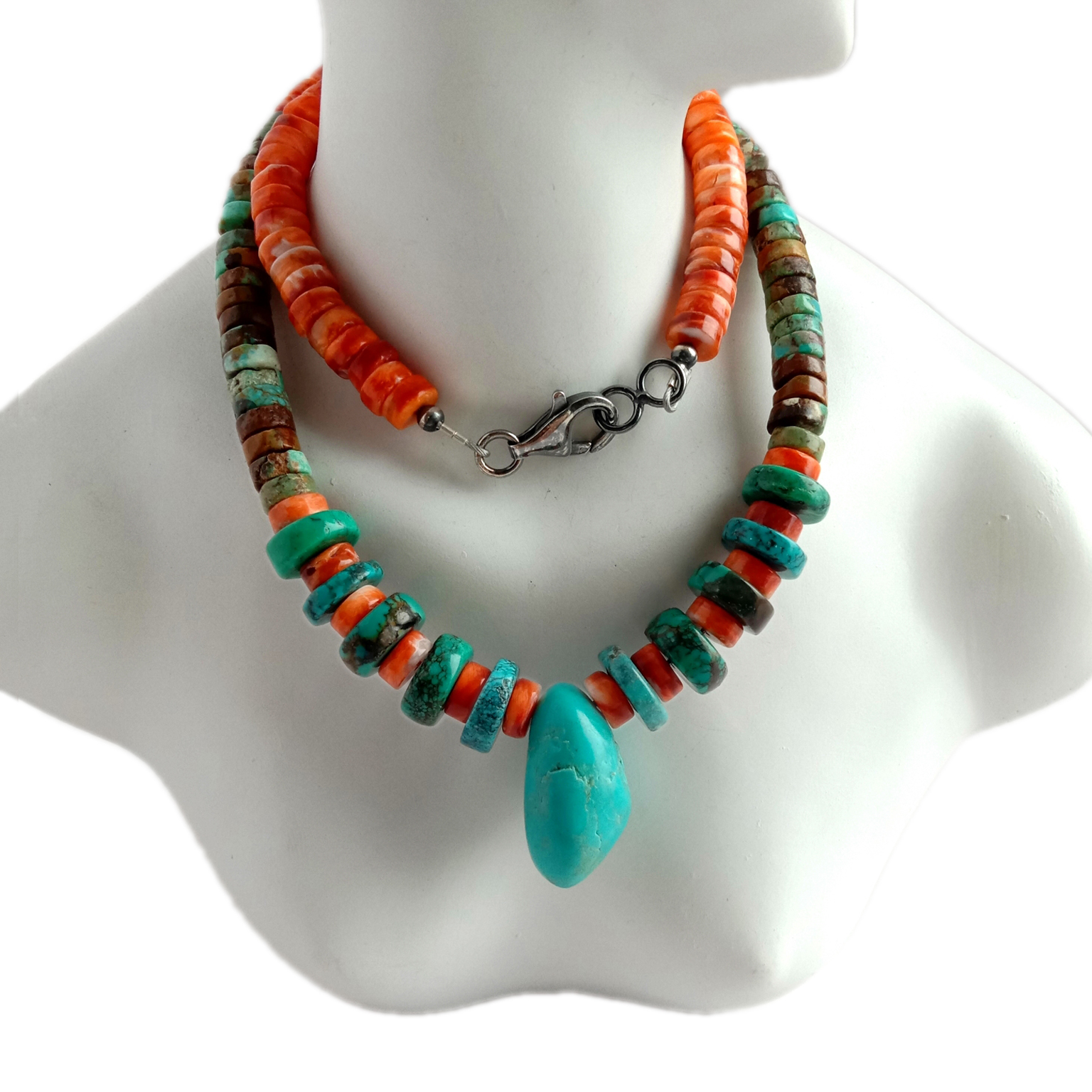 Təbii firuzə və rondelle tikanlı istiridyə 925 əyar gümüş qiymətli daş muncuq Boyunbağı 15