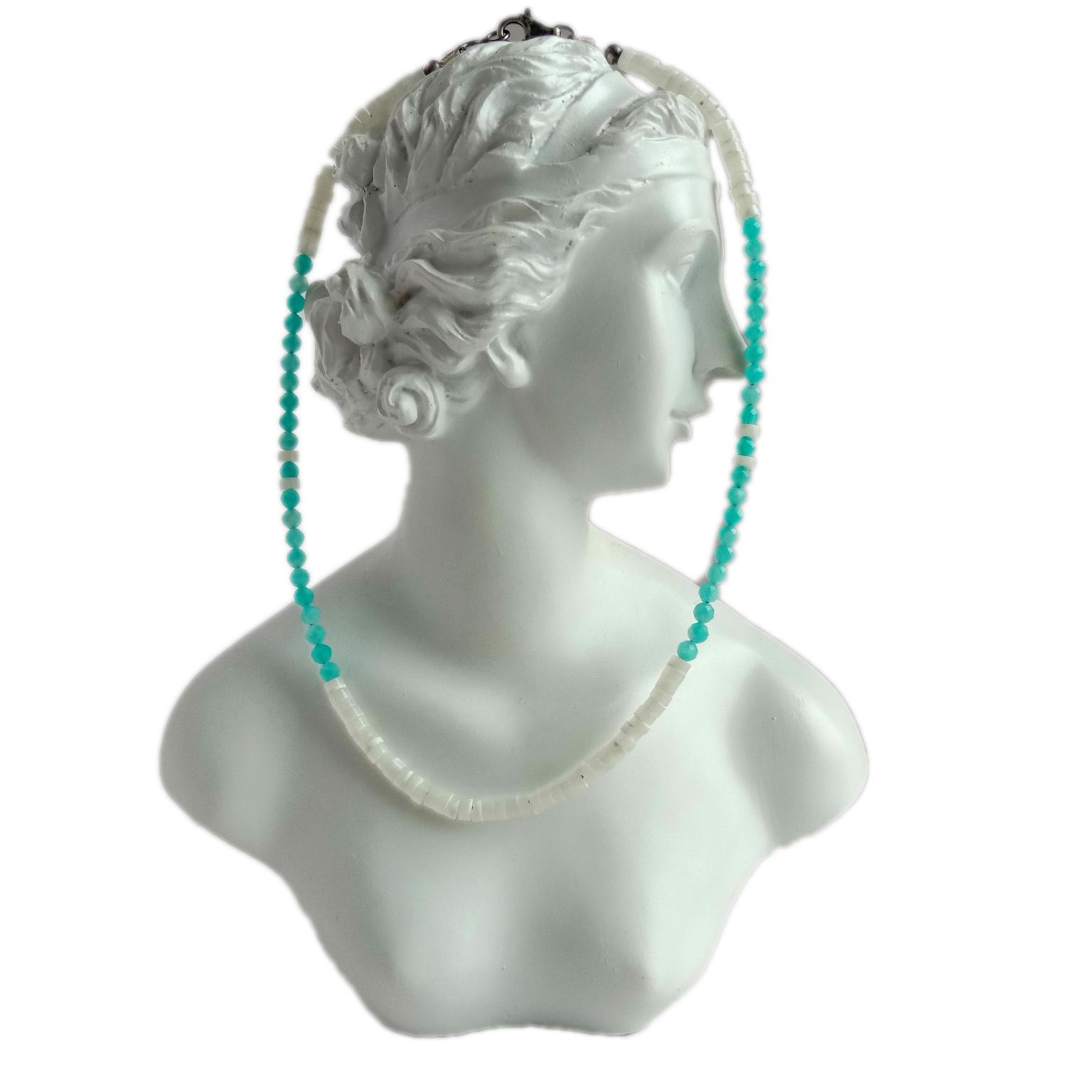 تەبىئىي ئامازونېت ۋە موپ 925 ستېرلىڭ كۈمۈش گۆھەر بويۇن 14