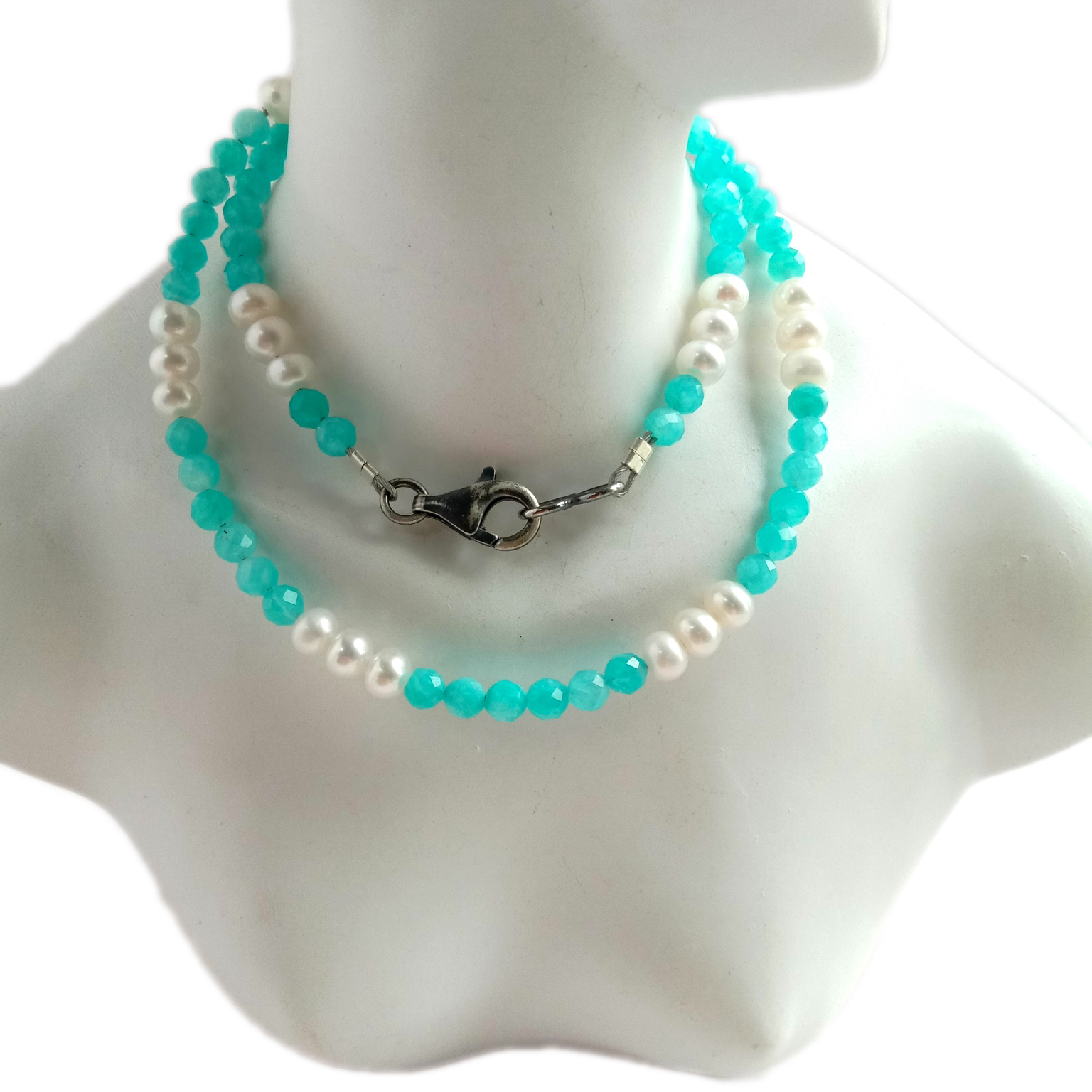 Náttúruleg blár Amazonít hvít perla 925 Sterling Silfur gimsteinaperlur Hálsmen 14