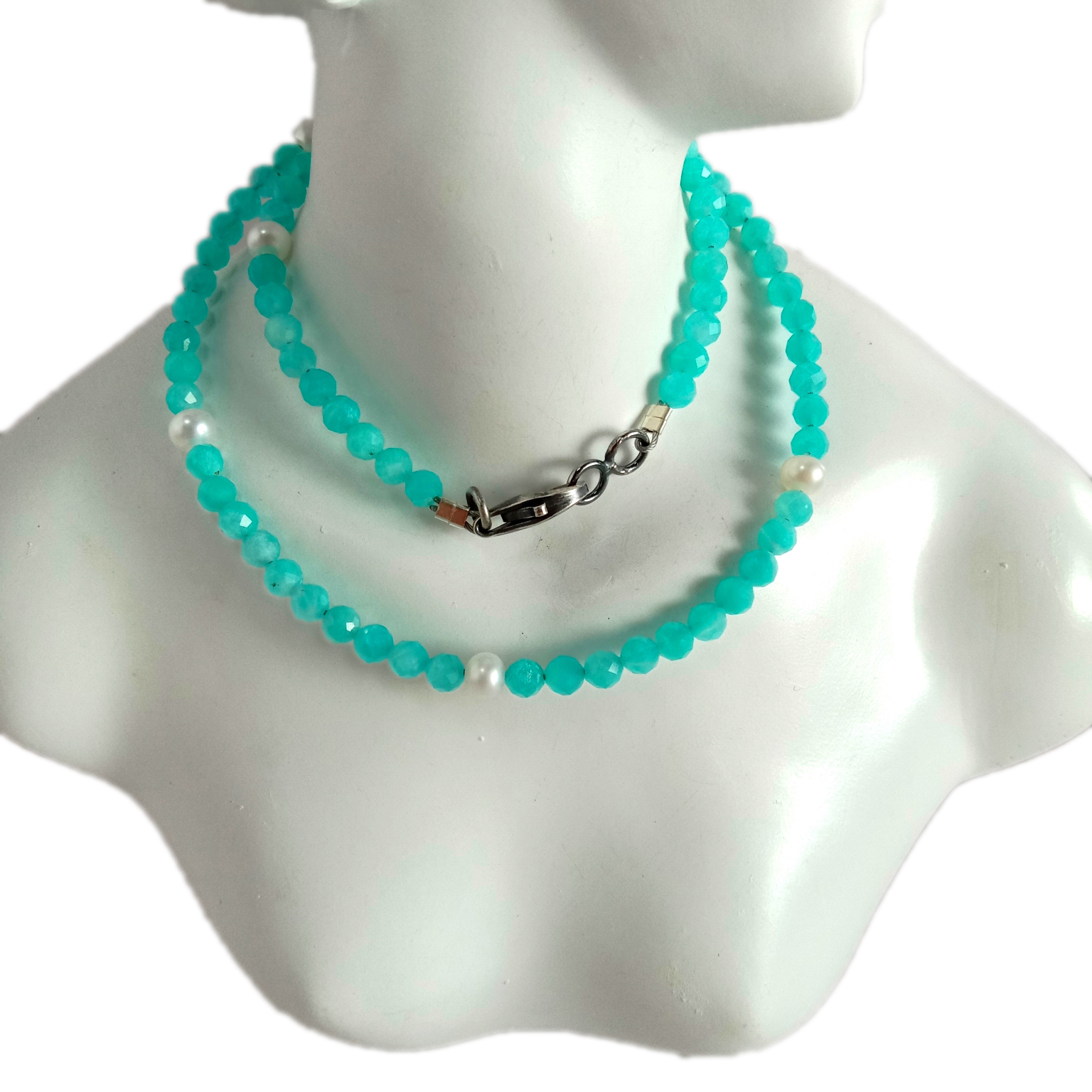 طبیعي ایمیزونایټ او د سپینو موتی موتی 925 سټرلینګ سپینو زرو قیمتي هار 14