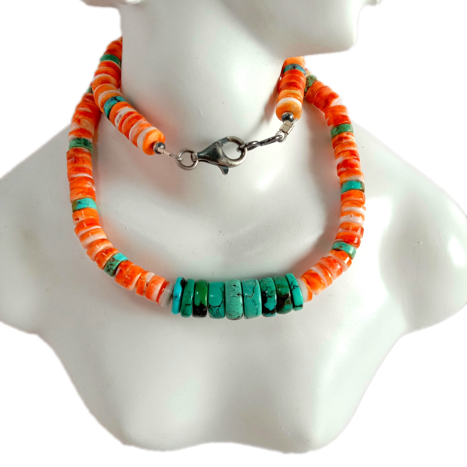 Natural nga Turquoise ug orange spiny yster beads 925 Sterling Silver Gemstone Necklace 15