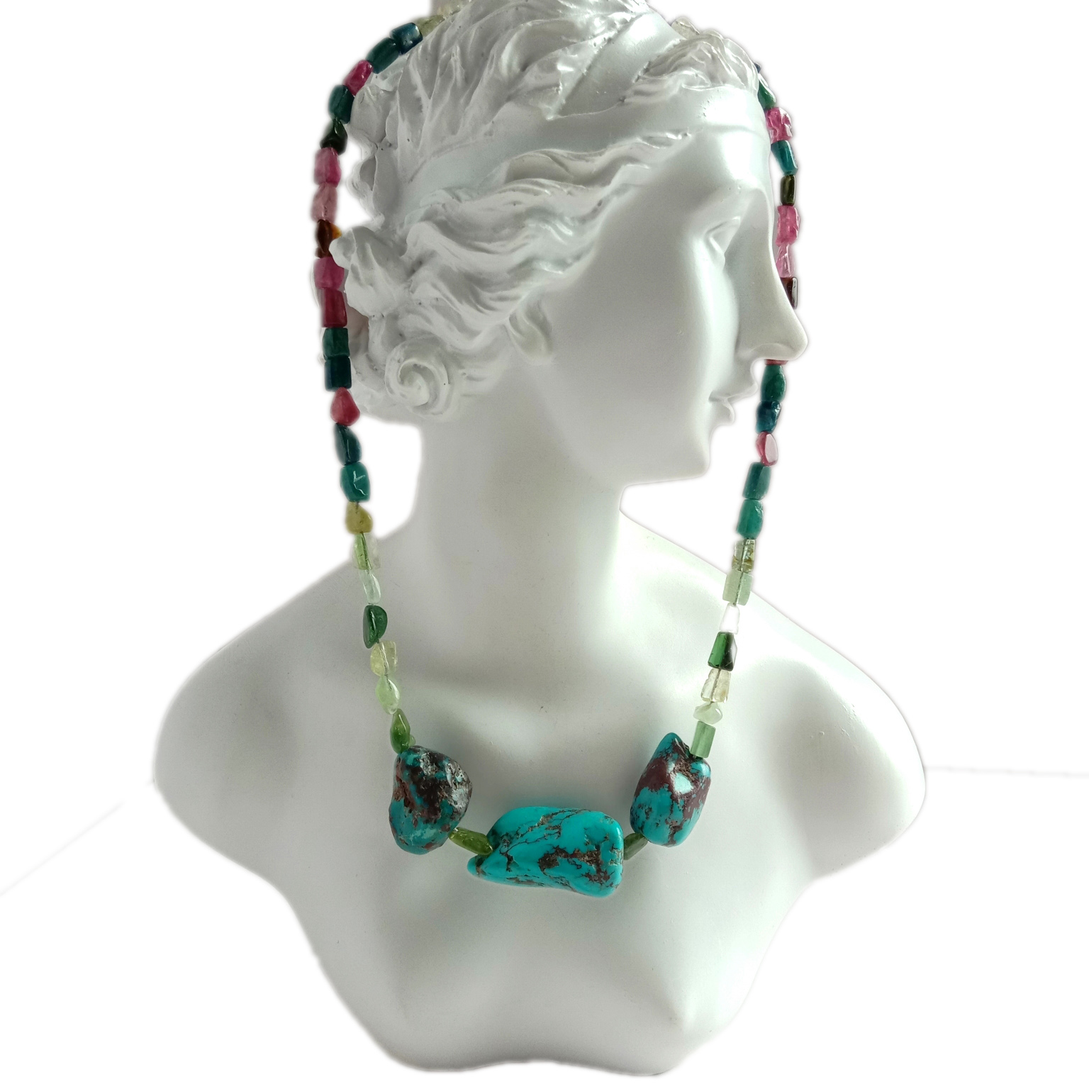 Ogrlica s dragim kamenjem od prirodnog turmalina i tirkiza od 925 srebra 14