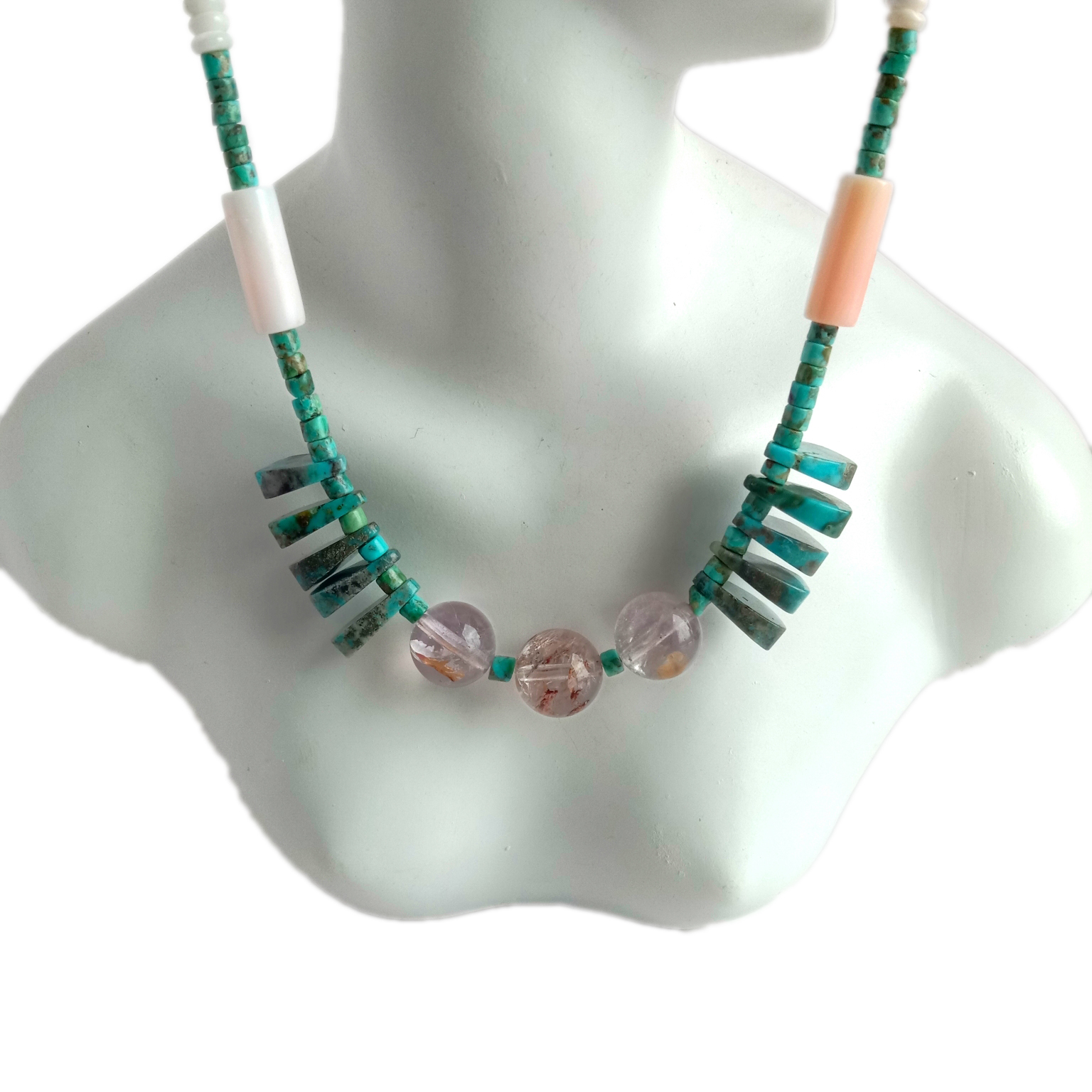 Přírodní tyrkysově růžové korálky sakura achátu z mořské mušle 925 Sterling Silver Náhrdelník 14