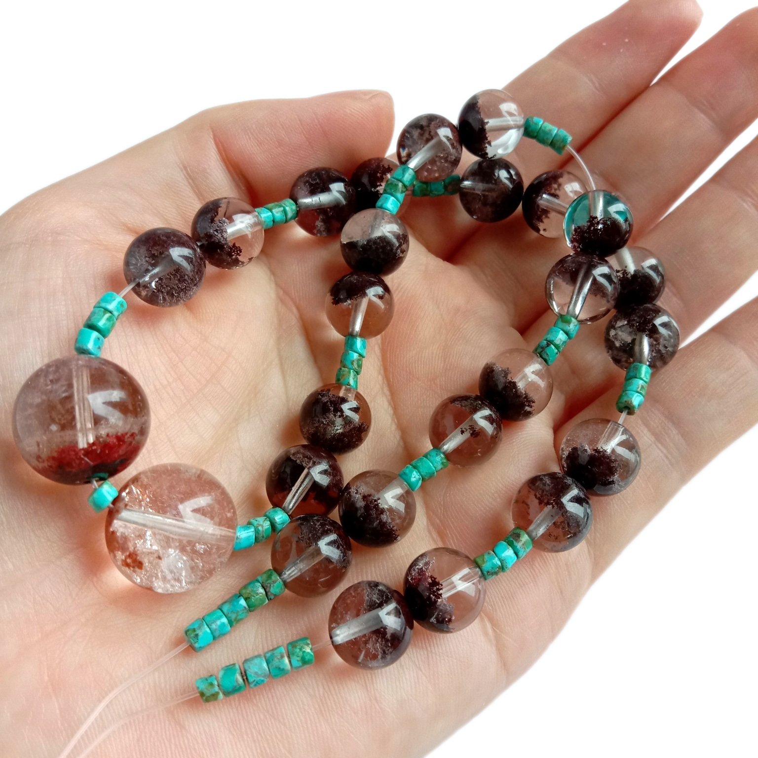 Natura Turkisa Fantomo-fantoma kvarco ruĝaj kvarco-bidoj 925 Sterlinga Arĝenta Koliero 14