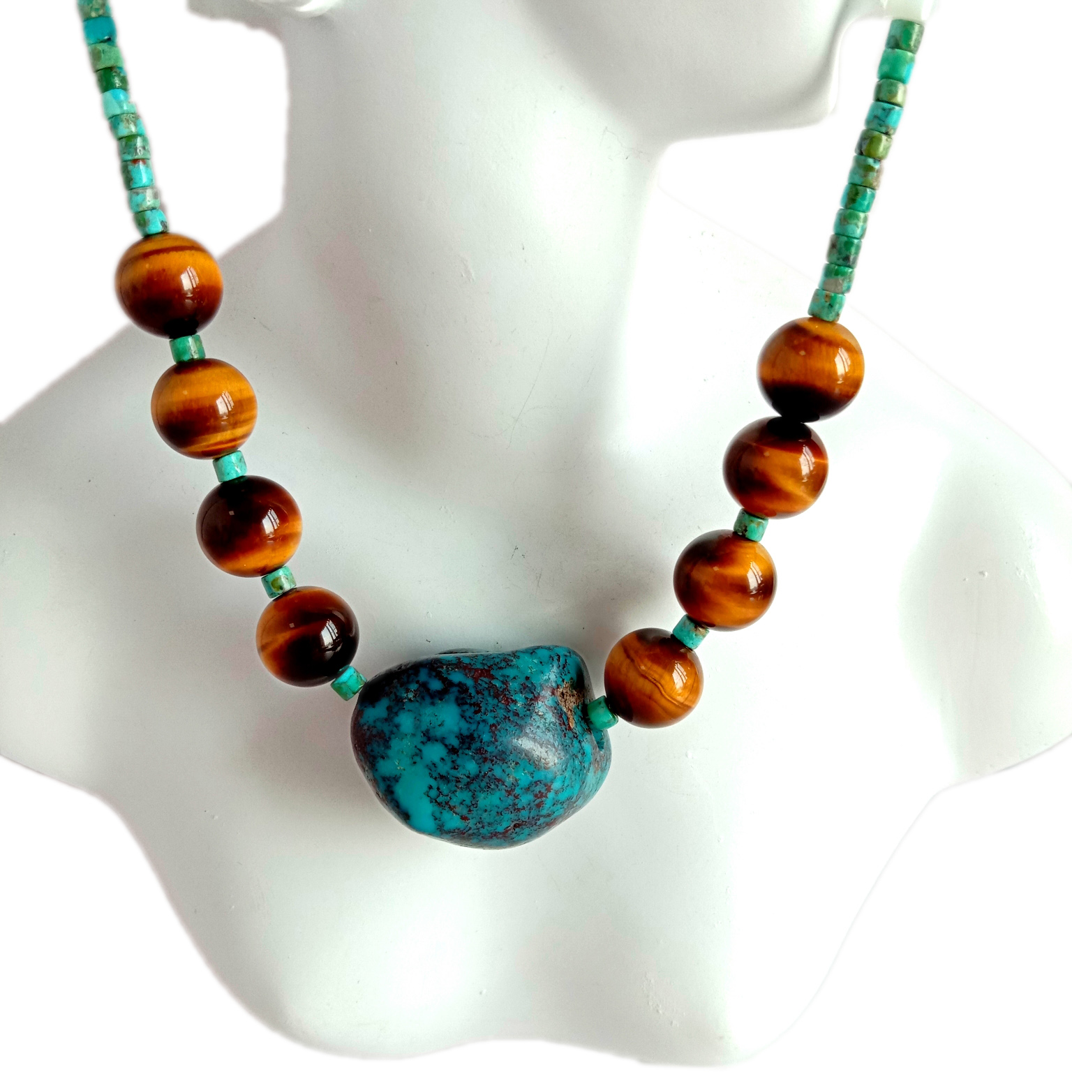 Natural Turquoise Amazonite mop Tiger Eye 925 Sterling Silver Necklace 14